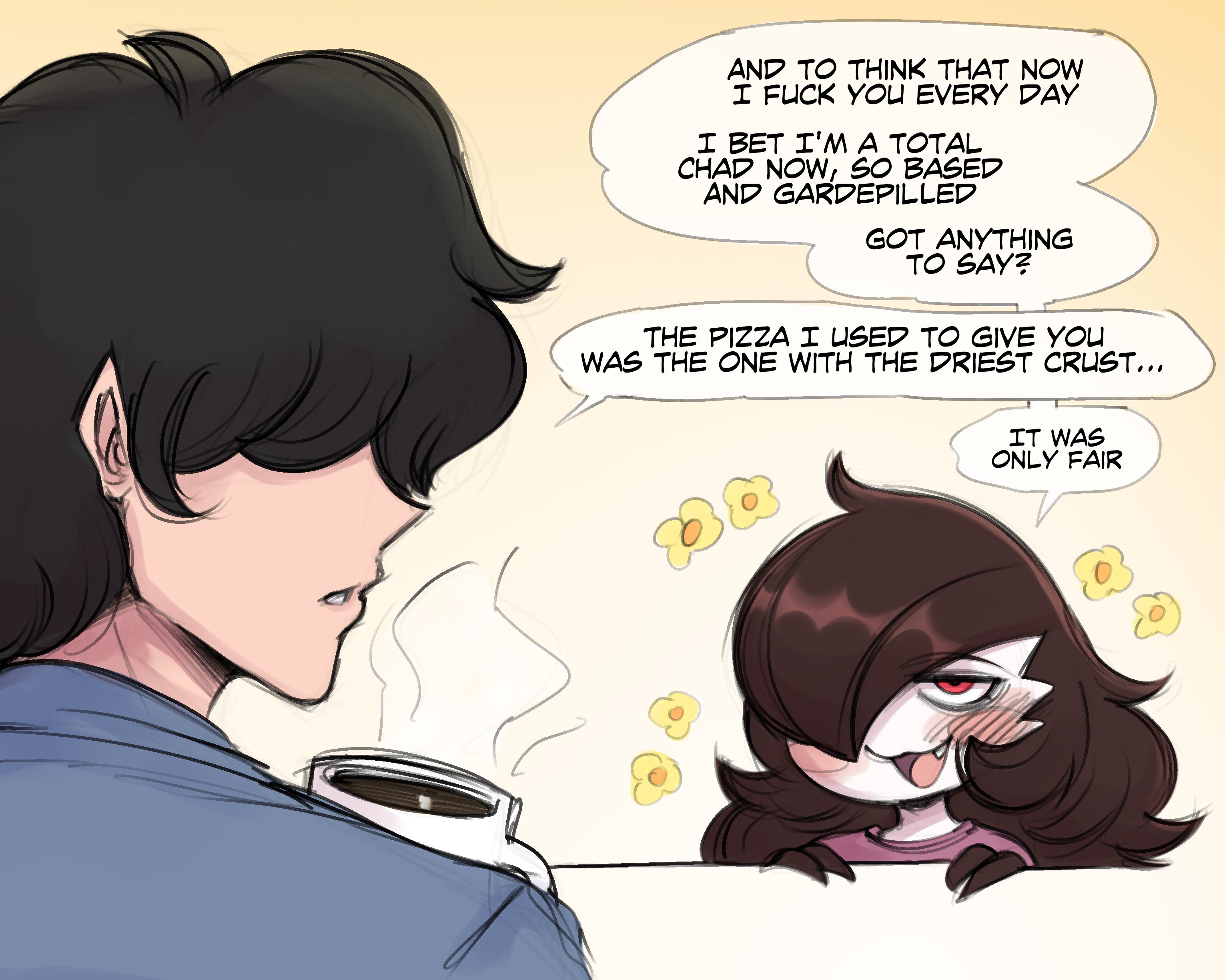 1boy, 1girls, awkward, backstory, based, blushing, brown hair, buff, buff male, coffee, coffee mug, comic, crush, doggy style, doggystyle, eyebags, fat ass, flashback, flower, gardevoir, generation 3 pokemon, harder, heart, heart symbol, in love, intense blushing, interspecies, large ass, large breasts, light skin, light-skinned female, light-skinned male, moaning, nintendo, pizza, pizza delivery, pokemon, pokemon (species), red eyes, reddit, redditoir, restaurant, restaurant background, saltyxodium, shy, steamy breath, sweat, sweating, text bubble