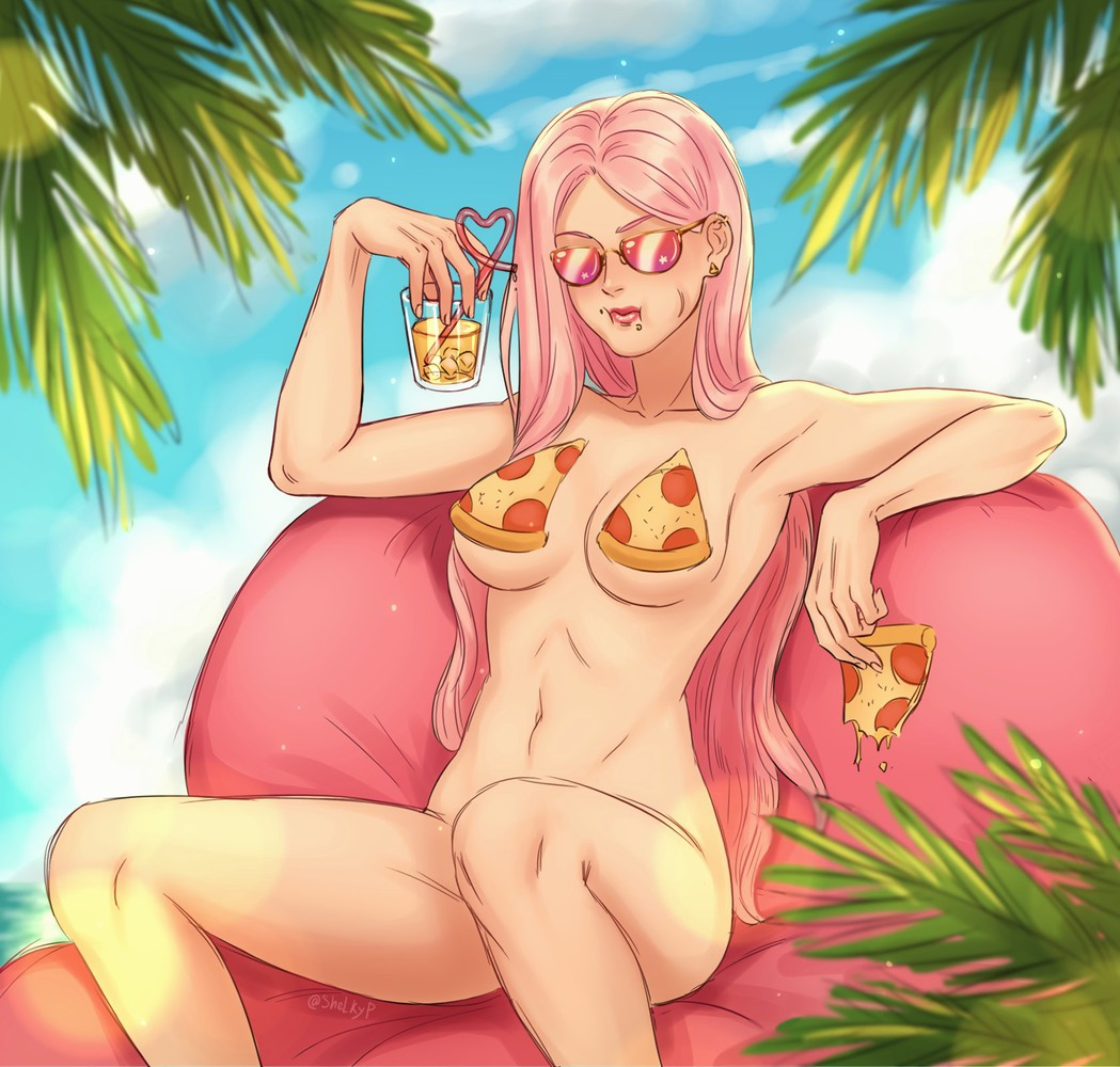 artist_request beach censored drink female female_only jewelry_bonney one_piece panties pink-tinted_eyewear pink_hair pizza straw sun_glare sunglasses tinted_eyewear