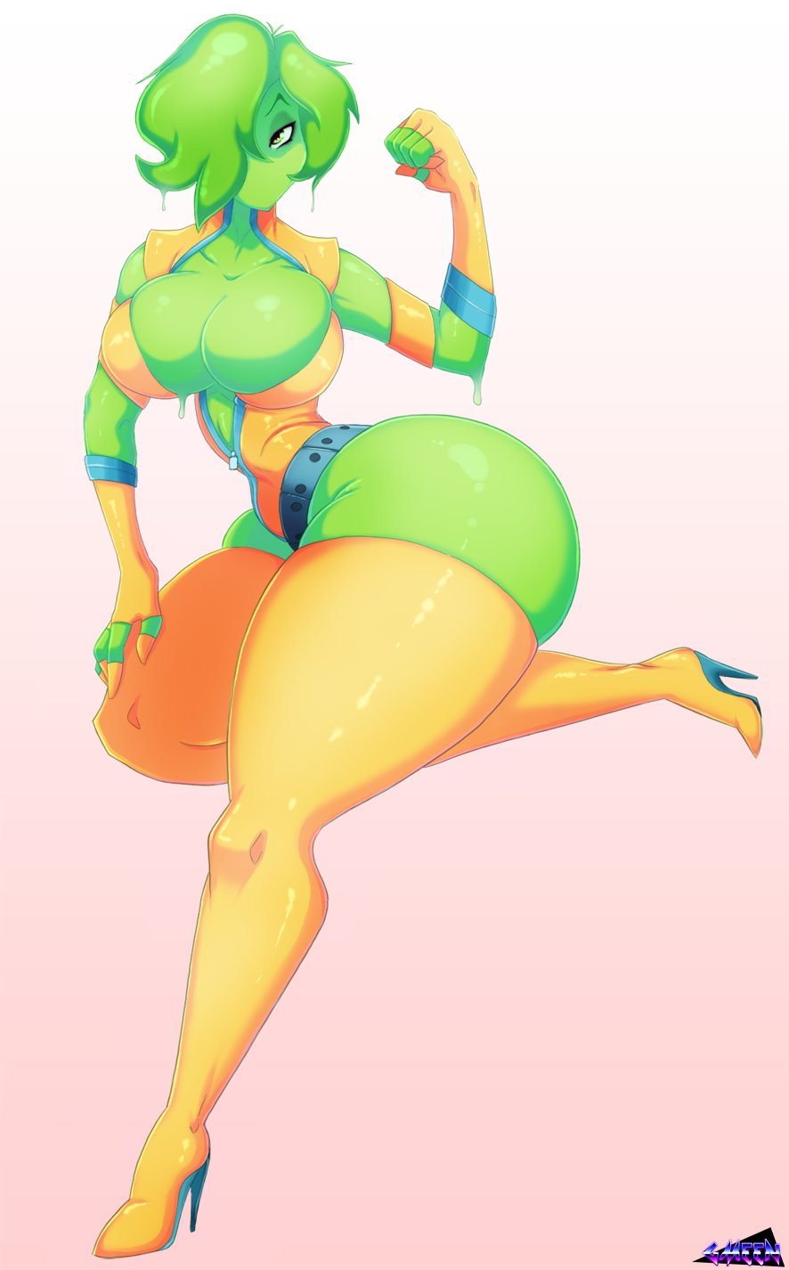 1girls, artist name, background, breasts, busty, cleavage, clothing, female, gmeen, green body, green skin, hair, hair over one eye, hips, hourglass figure, humanoid, large breasts, latex thighhighs, looking at viewer, monster, monster girl, one eye covered, original, short hair, simple background, slime, slime girl, thick, thick legs, thick thighs, thigh highs, thighhighs, thighs, ura nuim, voluptuous, watermark, white background, wide hips