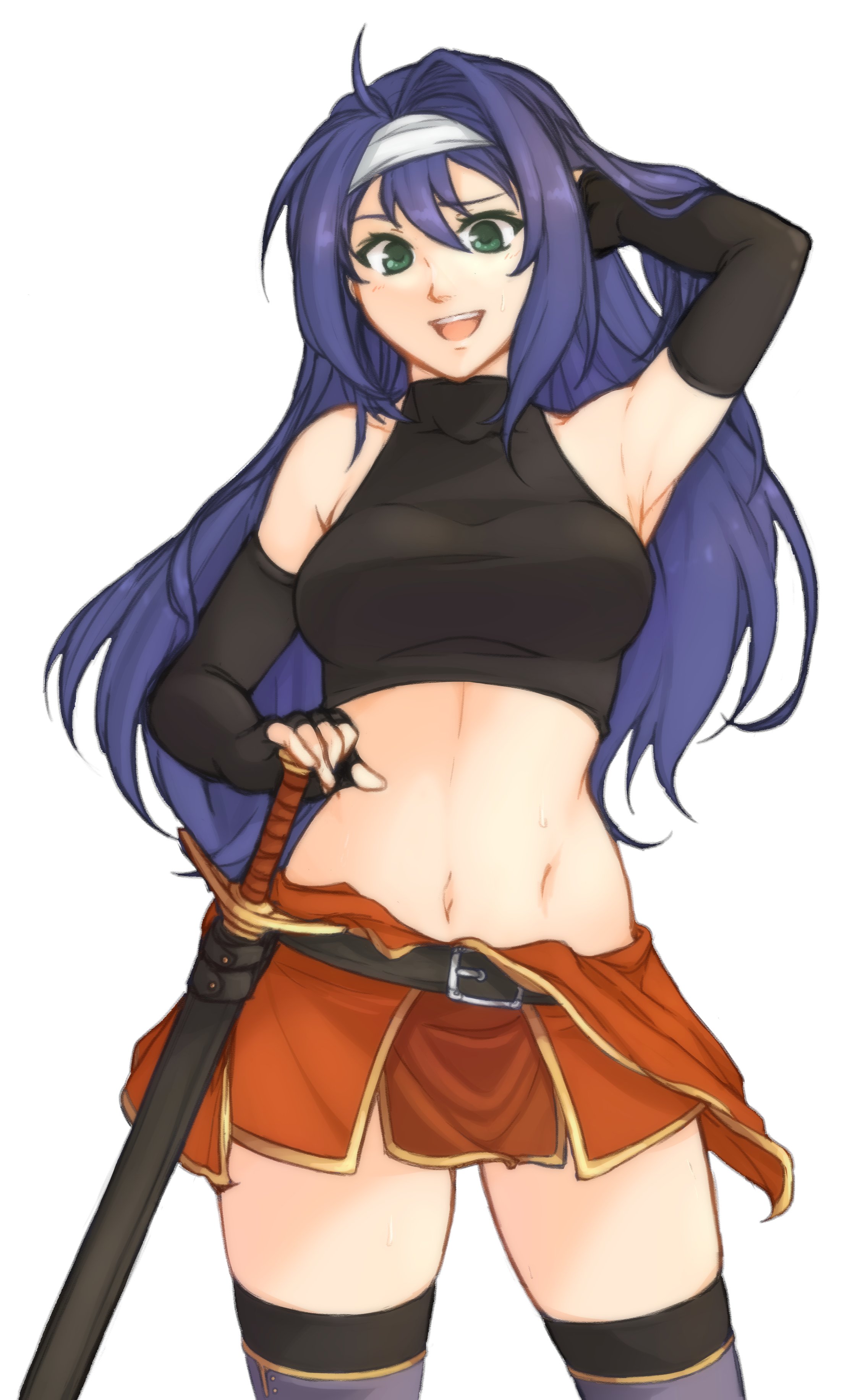 1girls, absurdres, ahoge, armpits, bare midriff, bare thighs, big breasts, blue hair, breasts, clothes removed, elbow gloves, female, fingerless gloves, fire emblem, fire emblem: path of radiance, fire emblem: radiant dawn, gloves, green eyes, halter top, halterneck, hand in hair, hand on head, highres, long hair, medium breasts, mia (fire emblem), nintendo, open mouth, simple background, smile, solo, solo female, sword, tridisart, undressed, weapon, white background