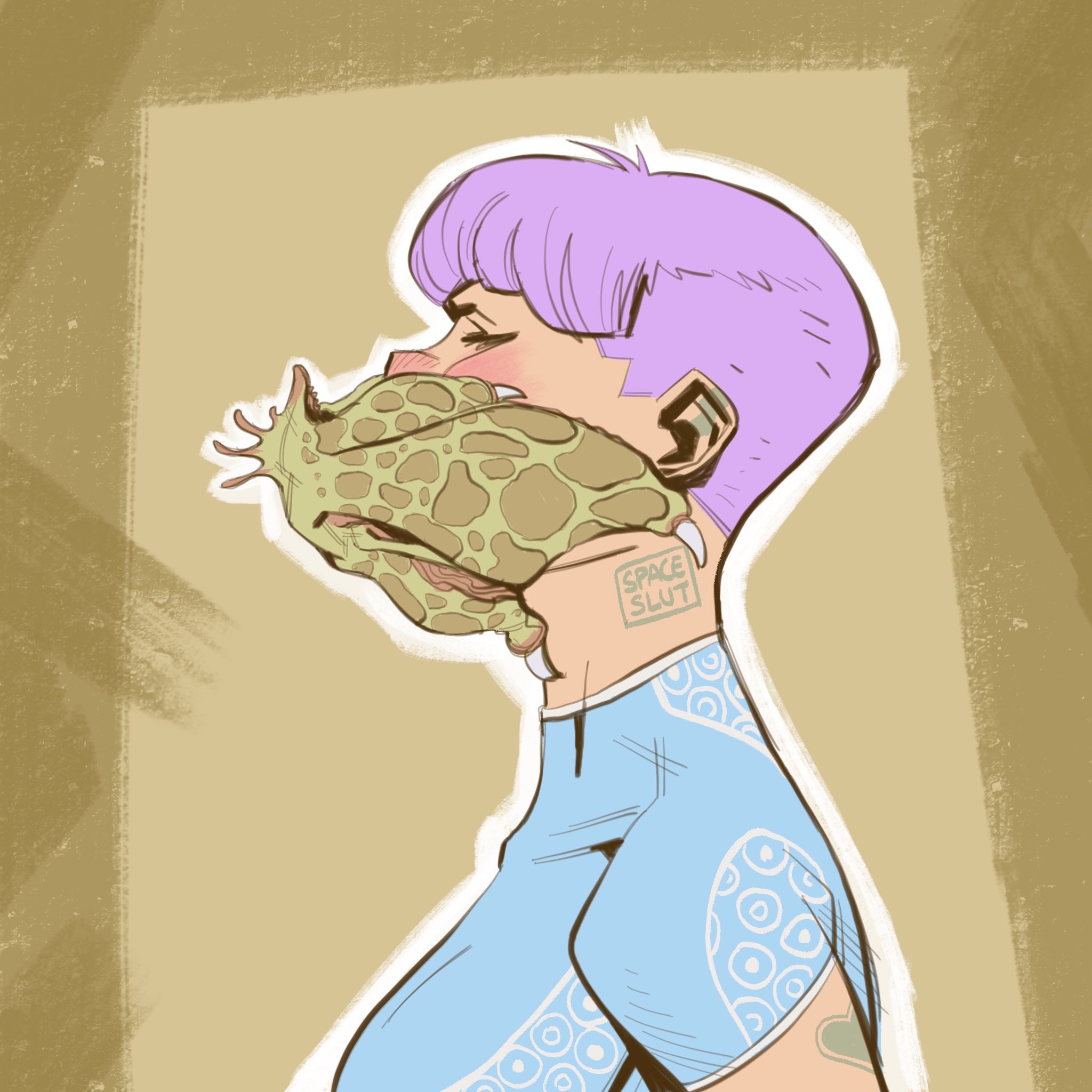 1girls, alien, blue shirt, blush, closed eyes, clothing, creepy, female, gagged, lordtabaqui, open mouth, oral, parasite, penetration, shirt, short hair, violet hair