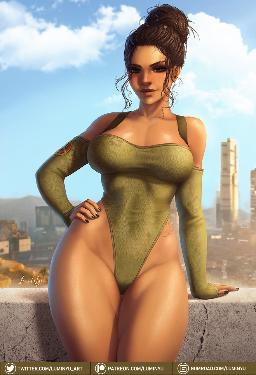 1girls, big breasts, breasts, brown eyes, brown hair, cd projekt red, clothed, clothing, curvaceous, curvy, cute, cyberpunk, cyberpunk 2077, dreadlocks, female, female focus, female only, freckles, hair bun, hand on hip, leotard, looking at viewer, luminyu, panam palmer, solo, solo focus, tan skin, thick thighs, thighs, toned, toned female