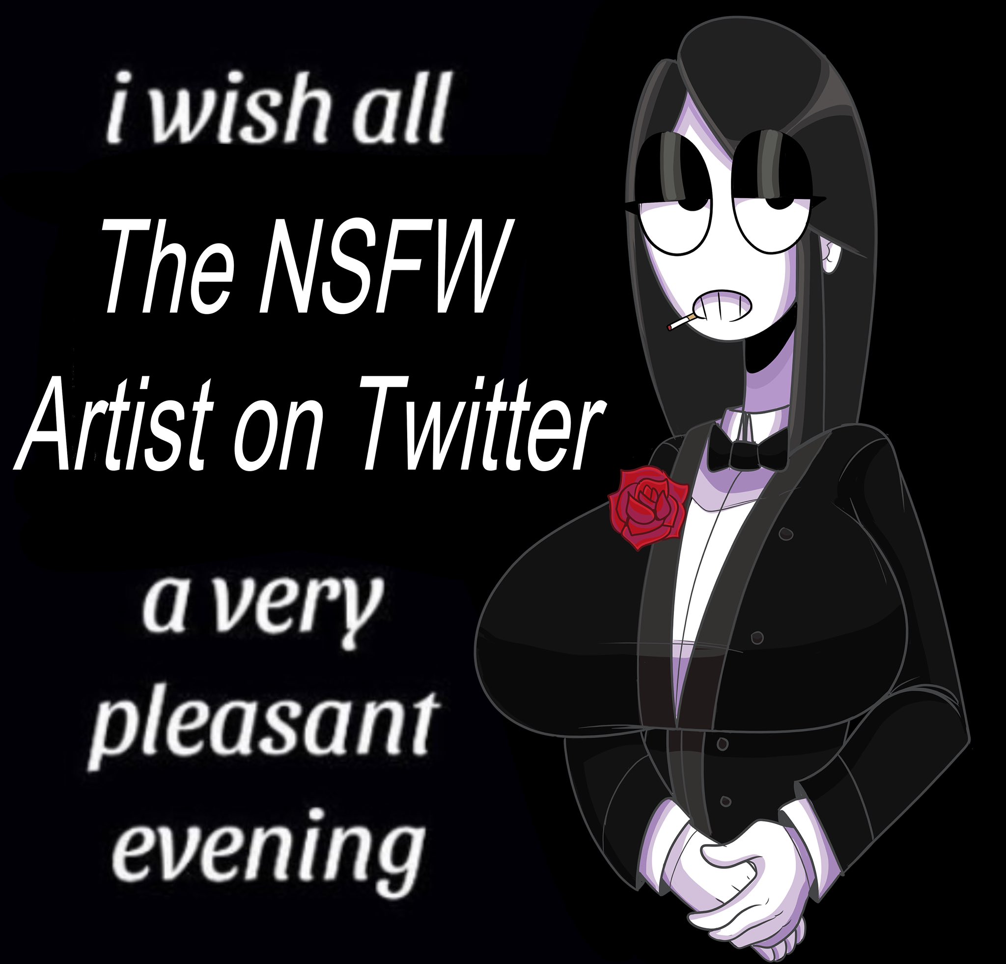 1girls, big breasts, black background, black bow, black bowtie, black eyes, black hair, bow, bowtie, breasts, cigarette, collared shirt, colored skin, english text, female, flower, formal, gloves, goth, large breasts, long hair, long sleeves, looking at viewer, meme, own hands together, red flower, rose, saltynoodles, shirt, simple background, solo, suit, teeth, text, tuxedo, unamused, upper body, veronica (saltynoodles), white gloves, white shirt
