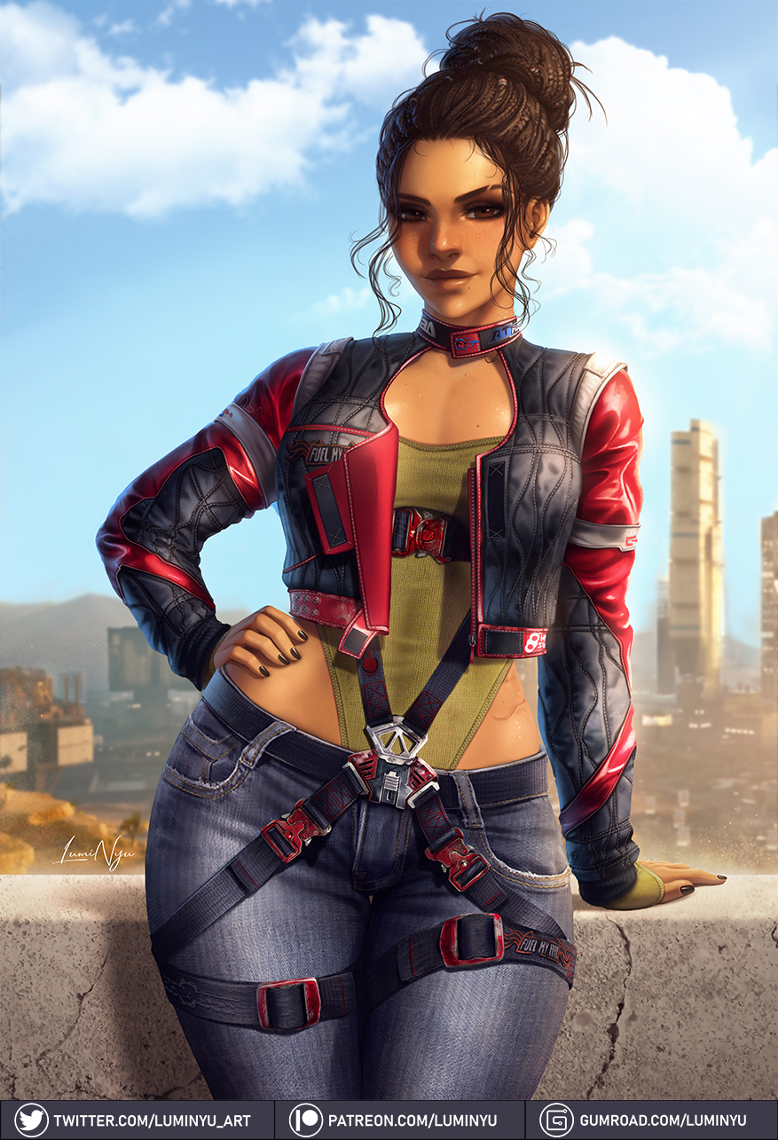 1girls, brown eyes, brown hair, clothed, clothing, curvaceous, curvy, cute, cyberpunk, cyberpunk 2077, dreadlocks, female, female focus, female only, freckles, hair bun, hand on hip, harness, jeans, looking at viewer, luminyu, panam palmer, solo, solo focus, streetwear, tan skin