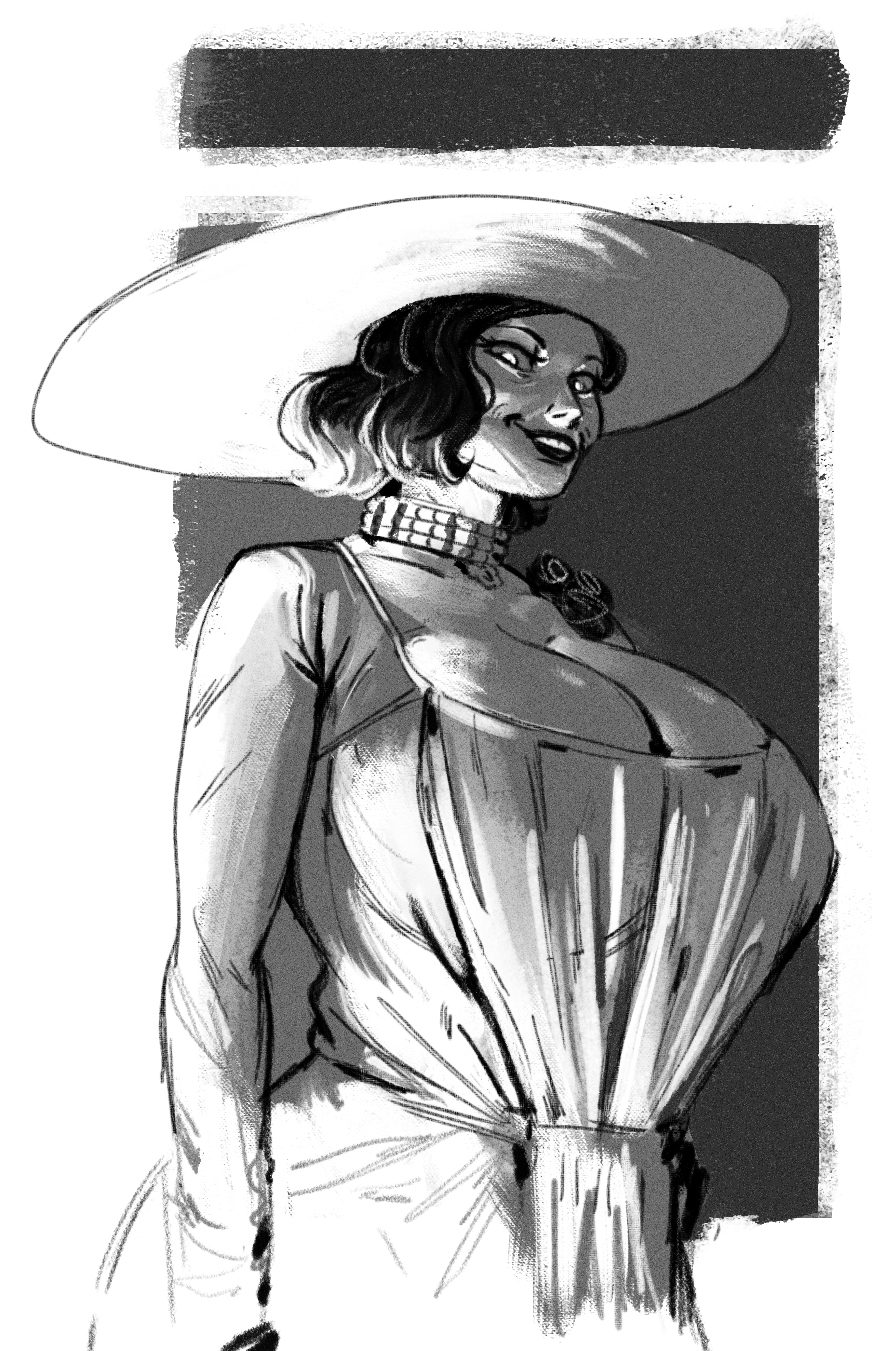 1girls, alcina dimitrescu, big breasts, black hair, breasts, busty, capcom, cleavage, female, female only, fully clothed, hand on hip, hat, large breasts, light skin, light-skinned female, looking down, pale skin, pale-skinned female, redblacktac, resident evil, resident evil 8: village, smile, solo, solo female, vampire, vampire girl, women