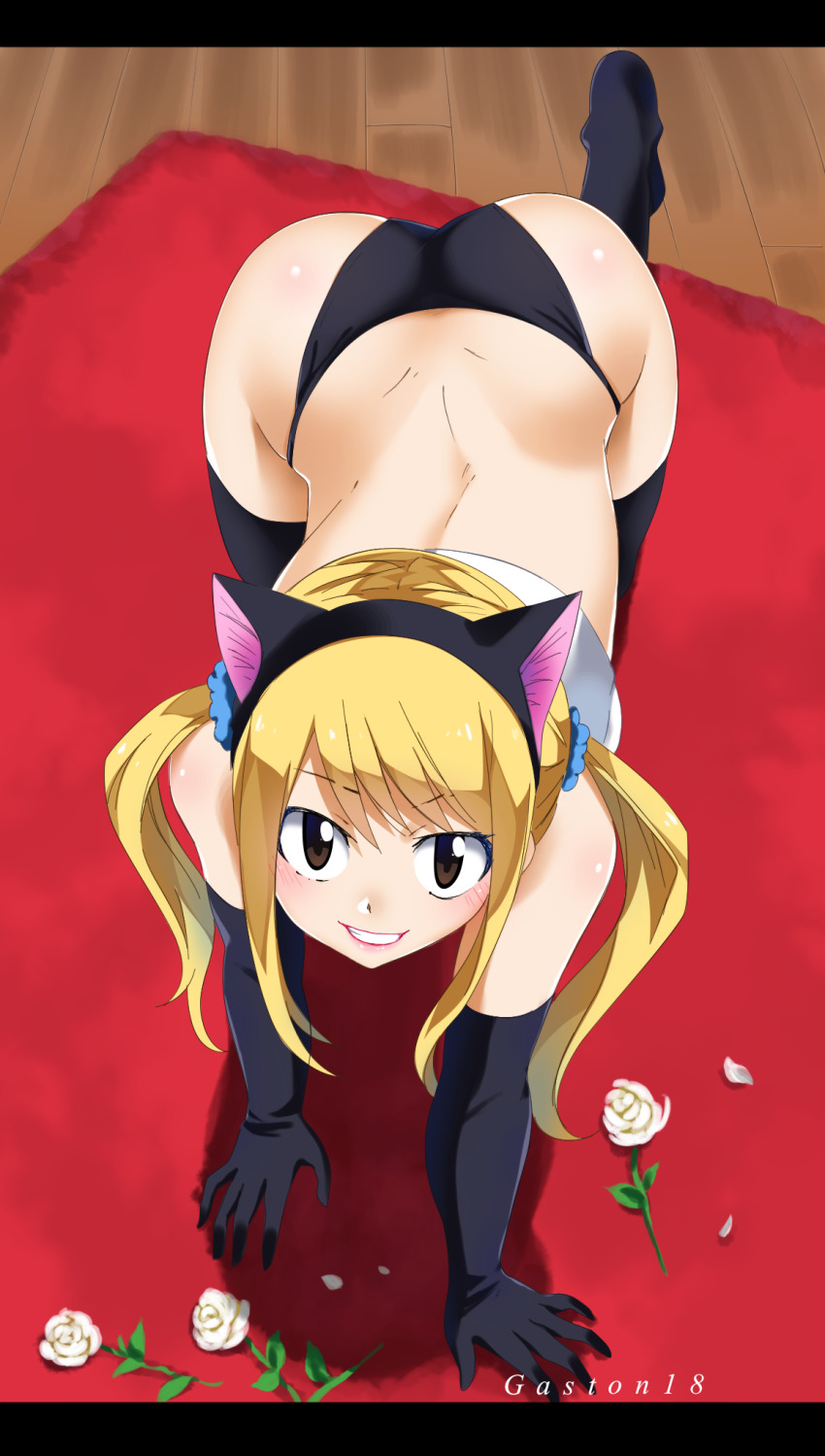 1girls, all fours, ass, ass cleavage, ass crack, big ass, black panties, black socks, blonde hair, blonde-haired female, butt crack, cat ears, fairy tail, female, from above, gaston18, gloves, looking at viewer, looking up, lucy heartfilia, median furrow, panties, socks, tagme, thigh socks, thighhighs
