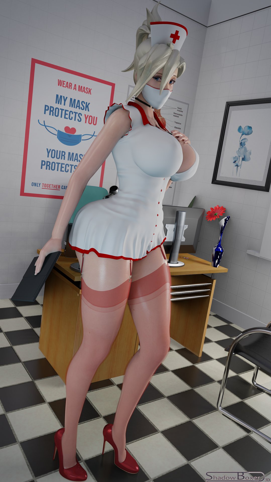 1girls, 3d, big breasts, breasts, cleavage, female, female only, high heels, large breasts, looking at viewer, mercy, overwatch, shadowboxer, solo