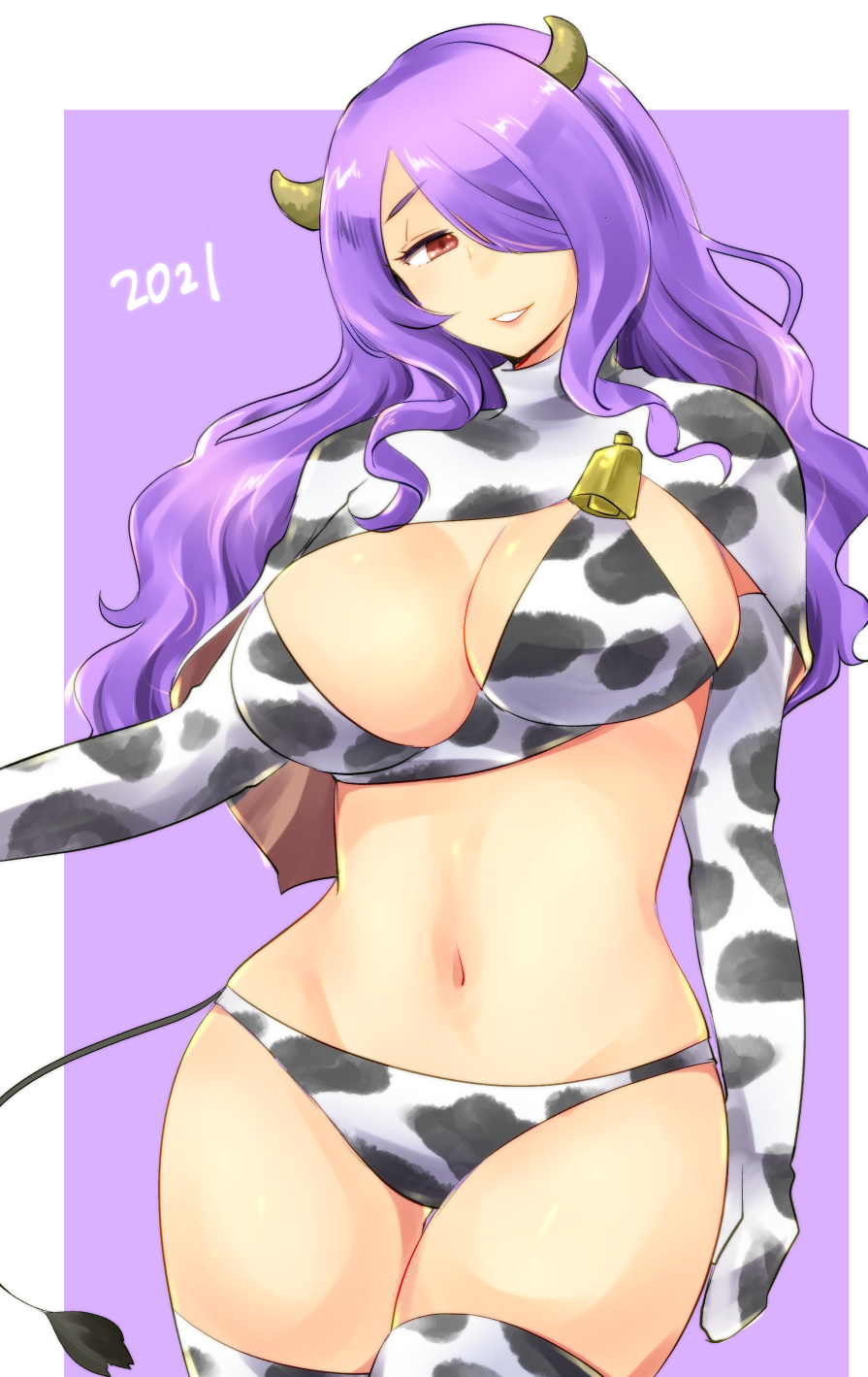 1girls 2021 animal_ears animal_print bell breasts camilla_(fire_emblem) chinese_zodiac cleavage cow_girl cow_horns cow_print cow_tail cowbell elbow_gloves female fire_emblem fire_emblem_fates gloves hair_over_one_eye highres horns large_breasts long_hair looking_at_viewer nintendo purple_eyes purple_hair shougayaki_(kabayaki_3) smile solo solo_female tail turtleneck year_of_the_ox