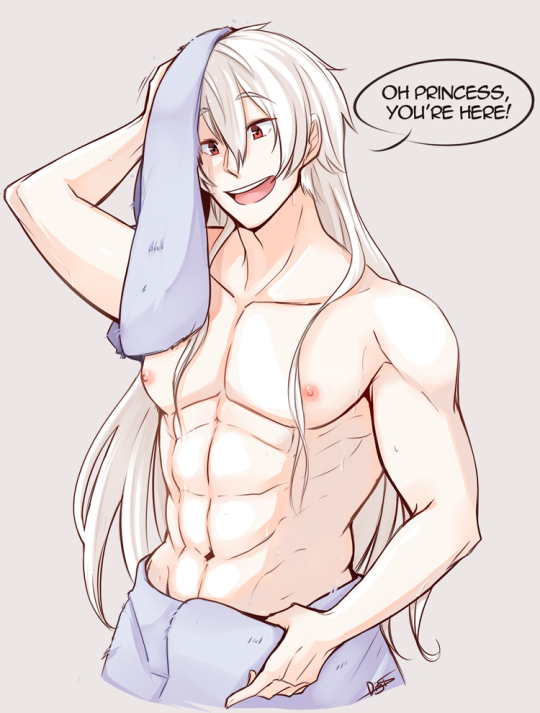 abs digital_scratch_(artist) english_text long_hair_male male male_only mystic_messenger nipples shirtless smile solo toned_male towel towel_around_waist white_hair wholesome zen_(mystic_messenger)