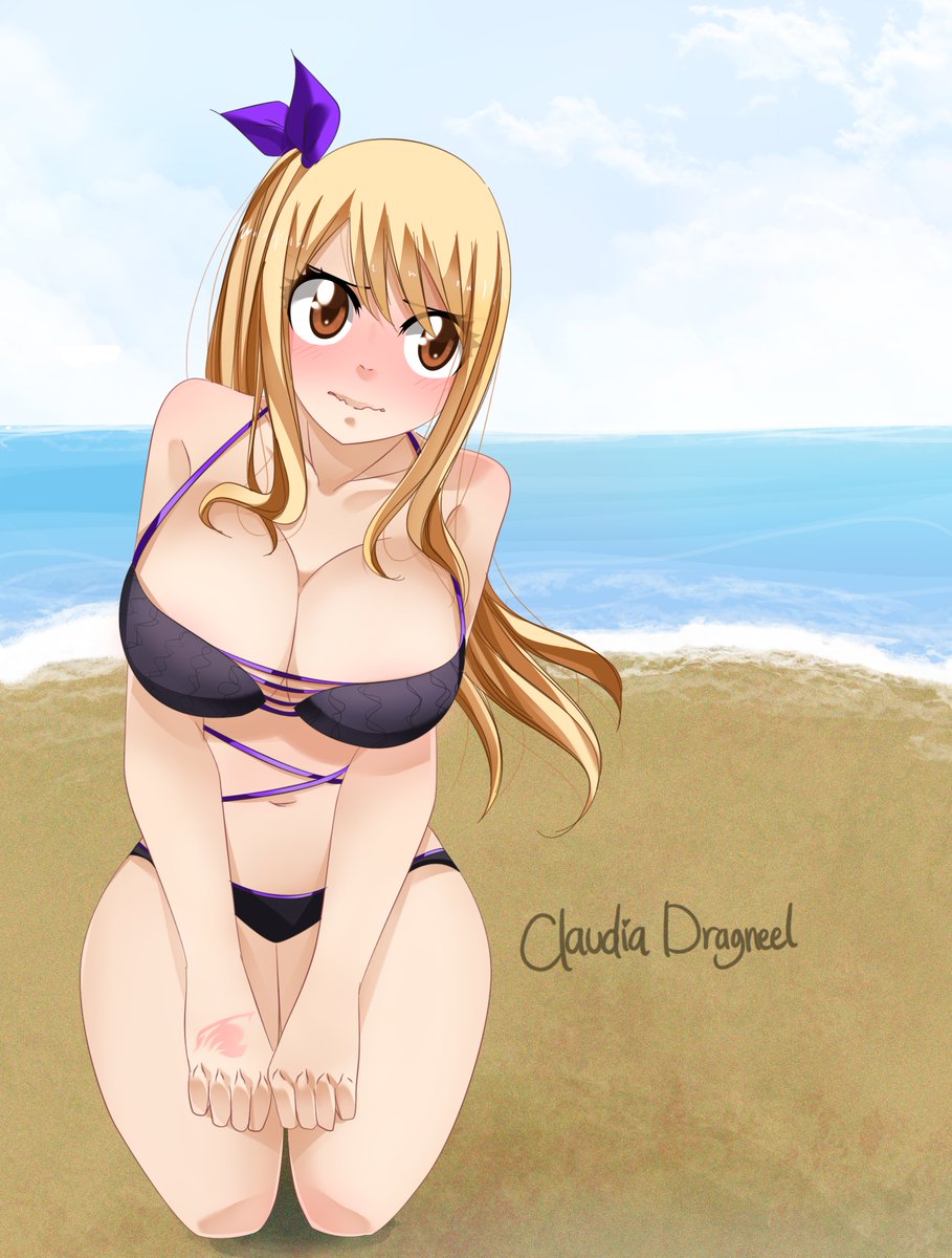 1girls, beach, bikini, bikini bottom, blonde hair, blonde-haired female, brown eyes, claudia dragneel, embarrassed, fairy tail, fairy tail mark, female, hand tattoo, kneeling, lucy heartfilia, pink tattoo, tagme, tattoo, tattoo on hand, tattooed hand