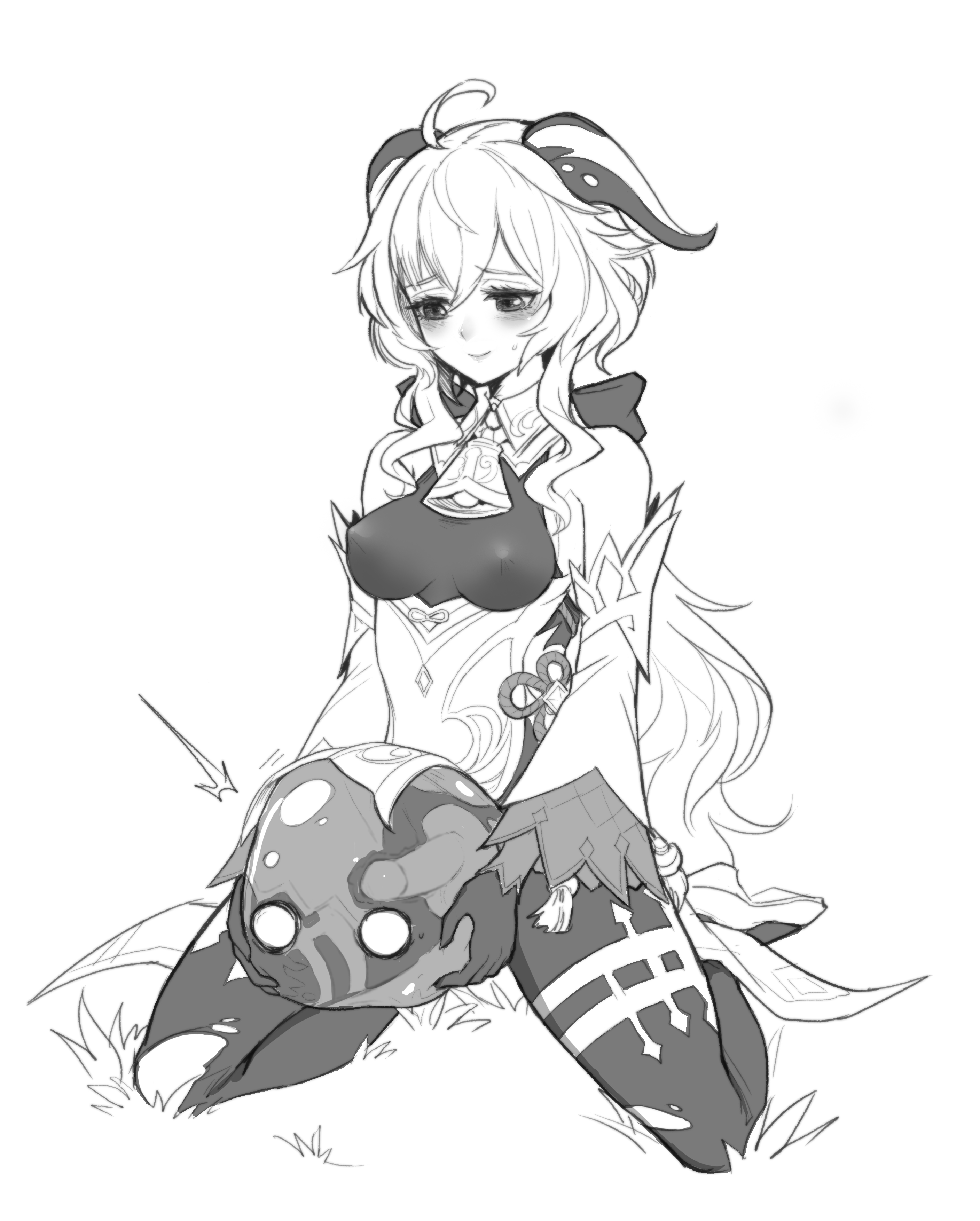 1futa, ahoge, artist request, balls, blush, breasts, clothed, clothing, futa only, futanari, ganyu (genshin impact), genshin impact, horns, intersex, kneeling, kneeling on ground, long hair, looking down, masturbation, medium breasts, monochrome, mostly clothed, nipples, nipples visible through clothing, onahole, penetration, penis, slime, slime (genshin impact), slime monster, slime penetrated, solo, source request, torn clothes
