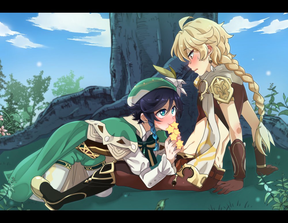 aether (genshin impact), armor, blowjob, blush, cape, feminine male, flushed, gay, genshin impact, gradient hair, hat, male, oral, pixiv, stockings, teal eyes, venti (genshin impact), video games, yaoi
