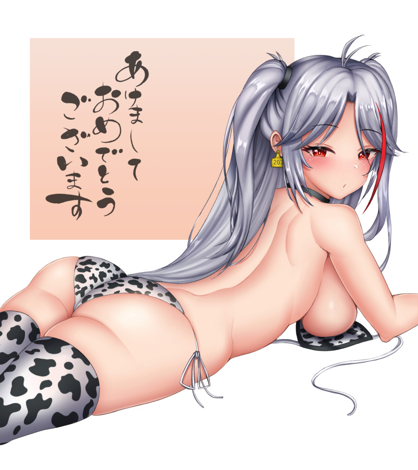 2021, ahoge, ass, azur lane, bikini, blush, breasts, cow girl, cow print, eyebrows visible through hair, female, grey hair, laying down, looking at viewer, looking back, panties, prinz eugen (azur lane), red eyes, side-tie panties, sideboob, stockings, tagme, thick thighs, thighhighs, thighs