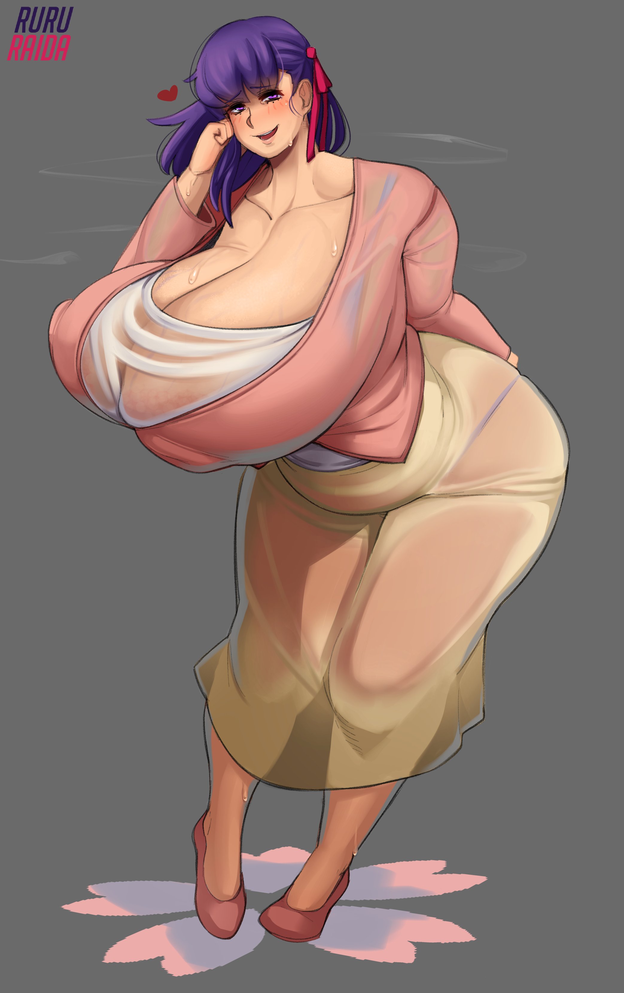 1girls, breasts, cleavage, fat, fate (series), fate/stay night, female, female only, huge breasts, looking at viewer, matou sakura, ruru-raida, see-through clothing, solo, venus body