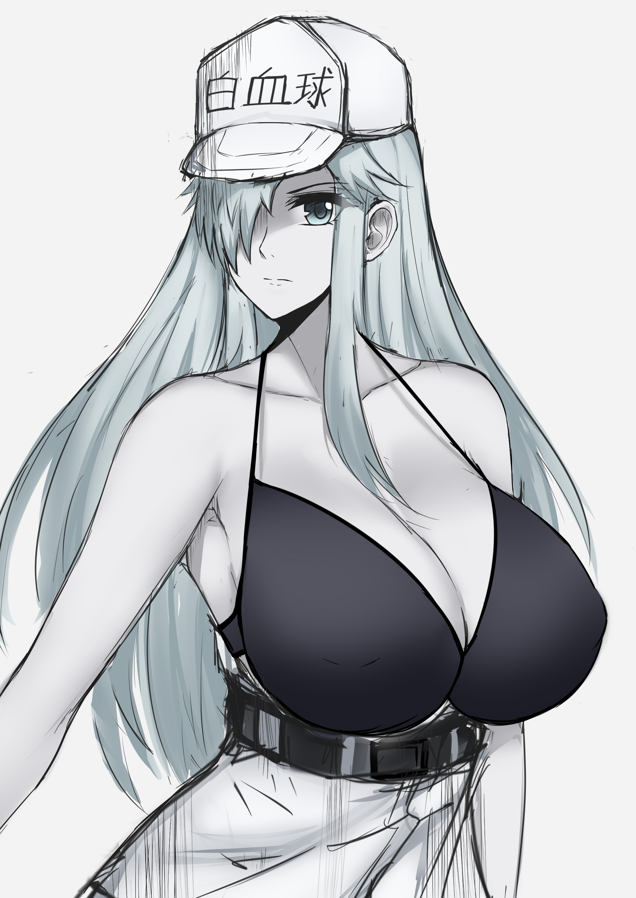 1girls, bangs, baseball cap, belt, black bra, bra, breasts, clavicle, cleavage, denim, eyebrows visible through hair, female, female only, gloves, hair over one eye, hat, hataraku saibou, hataraku saibou black, hi res, jeans, large breasts, long hair, ryzachii, solo, u-1196, white blood cell (hataraku saibou), white skin