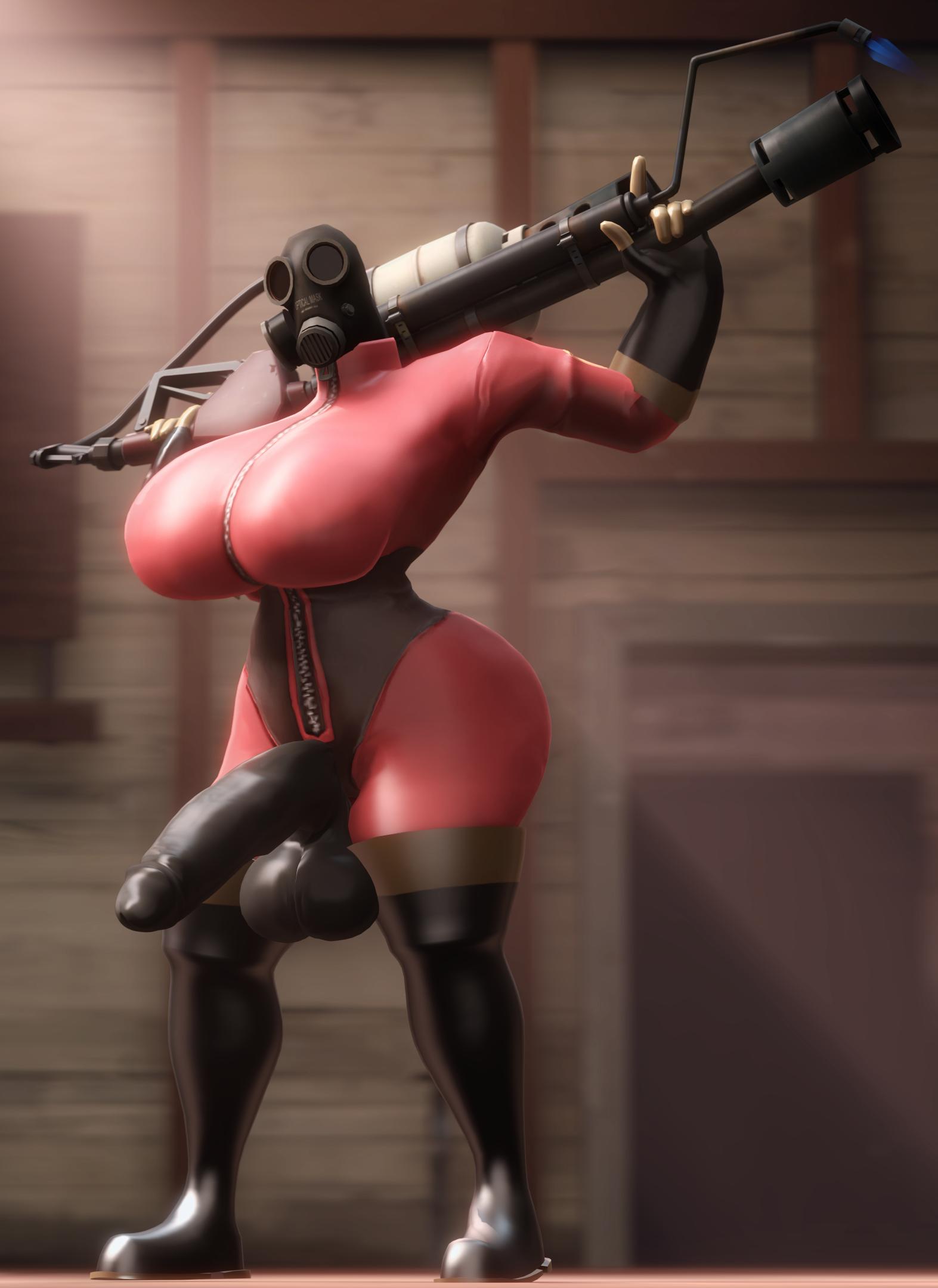 3d 3d_(artwork) balls boots breasts clothed clothes clothing fempyro flamethrower futa_only futanari genderbent gloves holding_object holding_weapon mask masked penis penis_out pinup pinup_pose pyro rubber rubber_suit rule_63 rule_63 sfm solo source_filmmaker team_fortress_2 vindicate weapon weapon_on_back weapon_over_shoulder