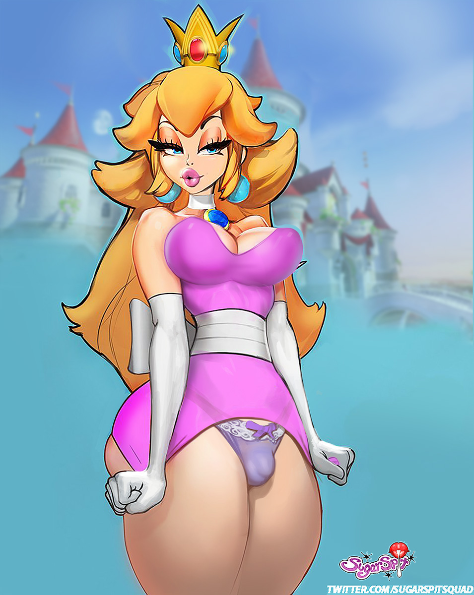 1futa balls big_breasts bimbo breasts bulge cleavage clothed clothing dickgirl flaccid footwear futa_only futanari handwear human large_breasts lipstick mario_(series) mostly_clothed nintendo pale_skin panties penis princess_peach small_penis solo standing sugarspit super_mario_bros. thick_thighs wide_hips