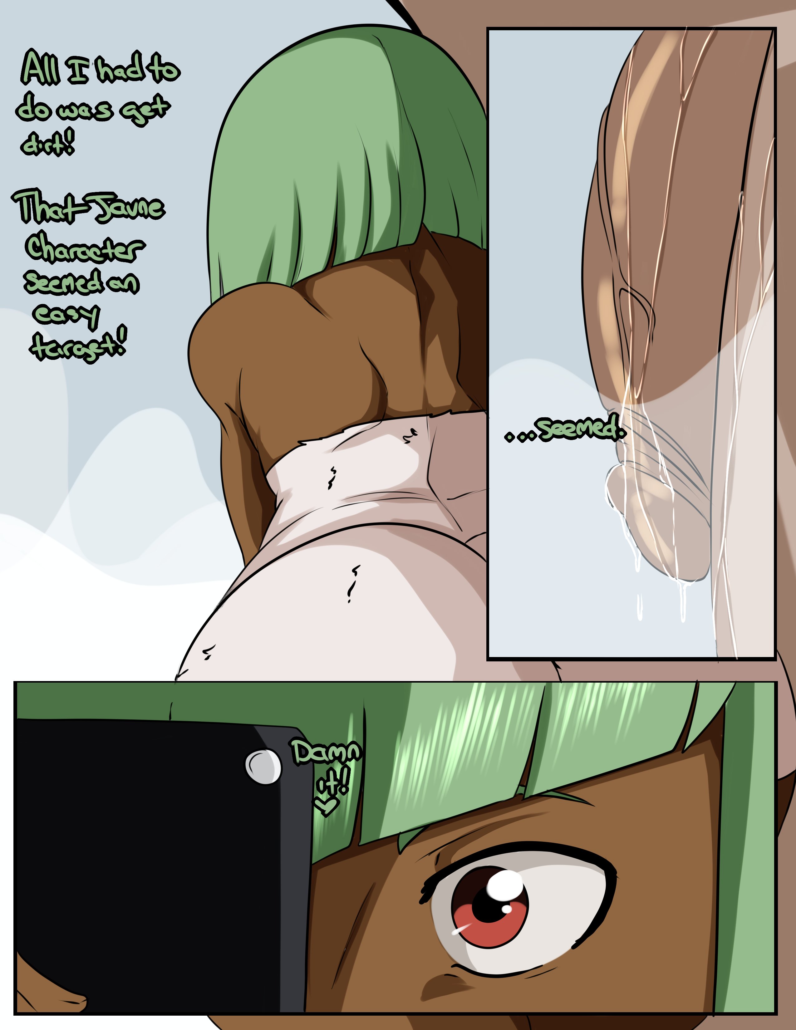 1boy, 1girls, big penis, comic, dark skin, dark-skinned female, dialogue, emerald sustrai, female, green hair, highres, interracial, inuyuru, jaune arc, light skin, light-skinned male, male, pale skin, pale-skinned male, penis, phone, rooster teeth, rwby, shower, straight, text, towel, voyeur