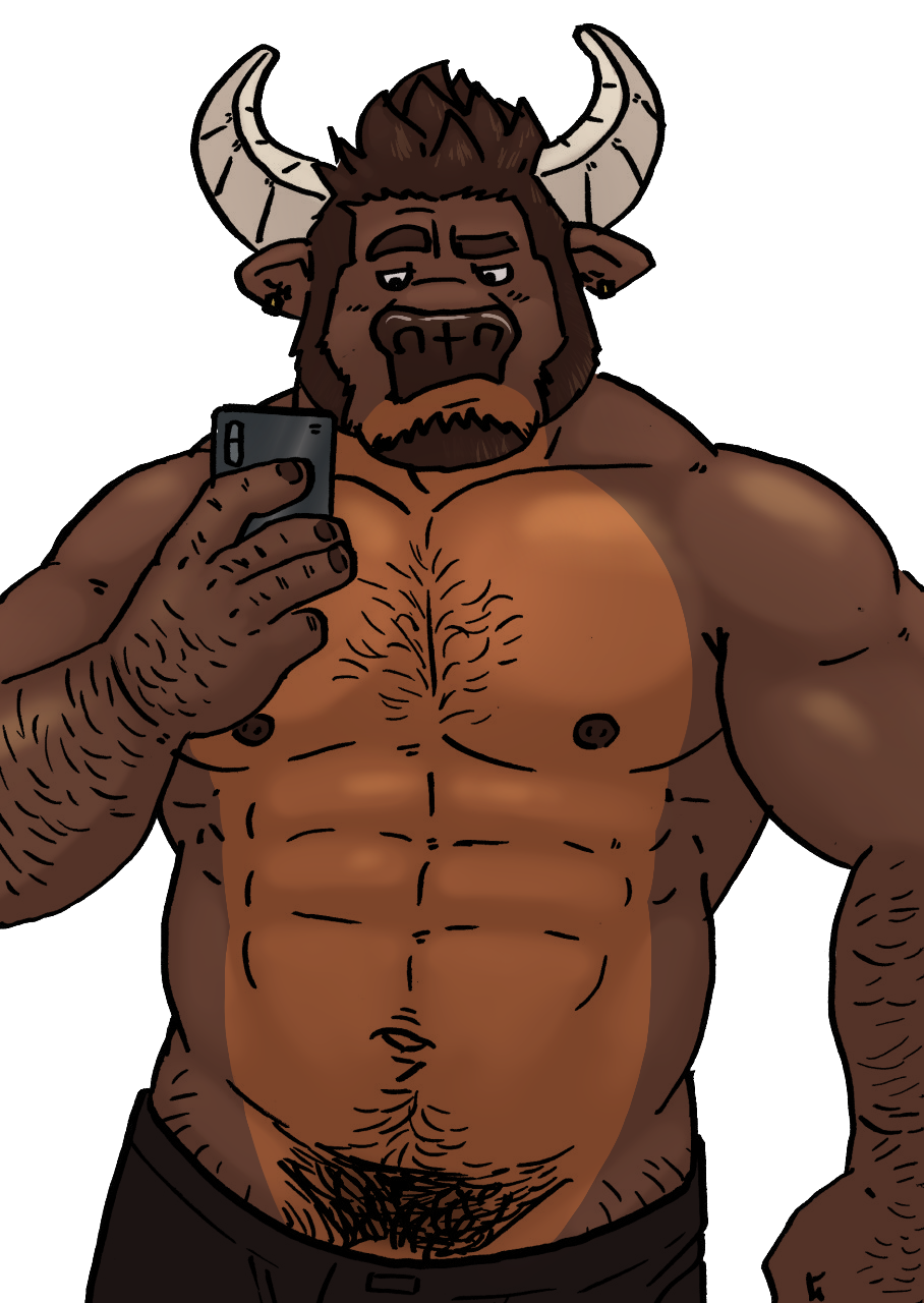 abs anthro beard big_(disambiguation) body_hair bovid bovine bulge cattle clothing coach facial_hair father hairy hairy_arms hi_res horn husky92 male male_only mammal mature_male musclegut muscular muscular_anthro muscular_male navel nipples parent pecs pubes selfie solo underwear