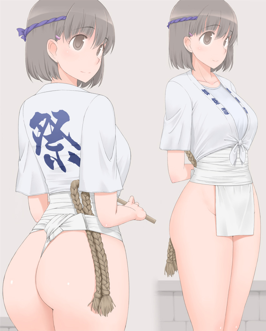 arms_behind_back ass breasts character_request closed_mouth female fundoshi grey_background grey_eyes grey_hair hairband highres japanese_clothes large_breasts legs medium_hair shiny shiny_skin shirt simple_background smile standing tagme taito0630 thighs white_shirt yamakasa