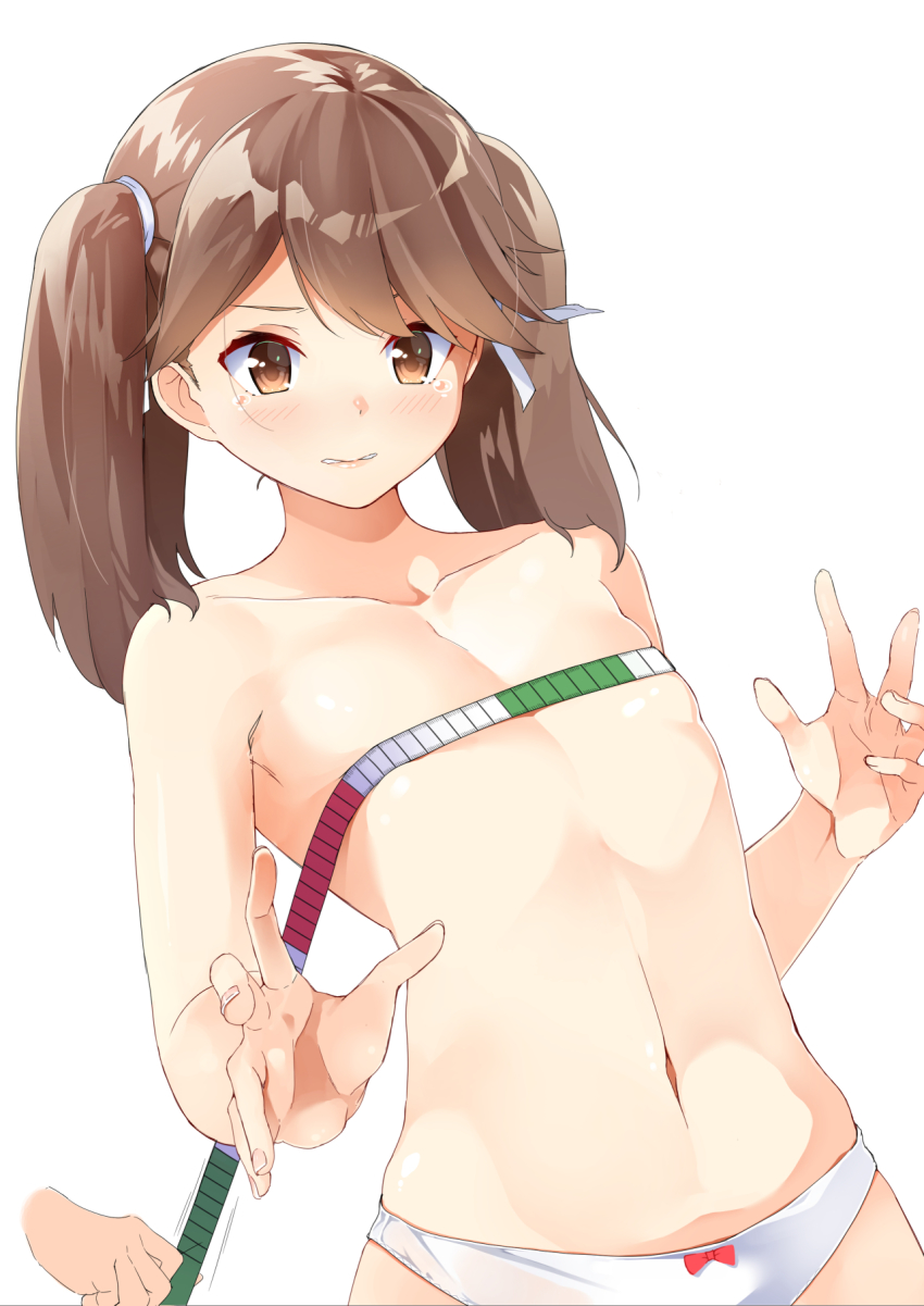 10s blush bow bow_panties breast_conscious brown_hair bust_measuring byte_(allbyte) collarbone female flat_chest hair_ribbon highres kantai_collection long_hair looking_at_viewer measuring navel panties red_bow ribbon ryuujou_(kantai_collection) simple_background solo_focus tape_measure tears topless tress_ribbon twintails underwear white_background white_panties