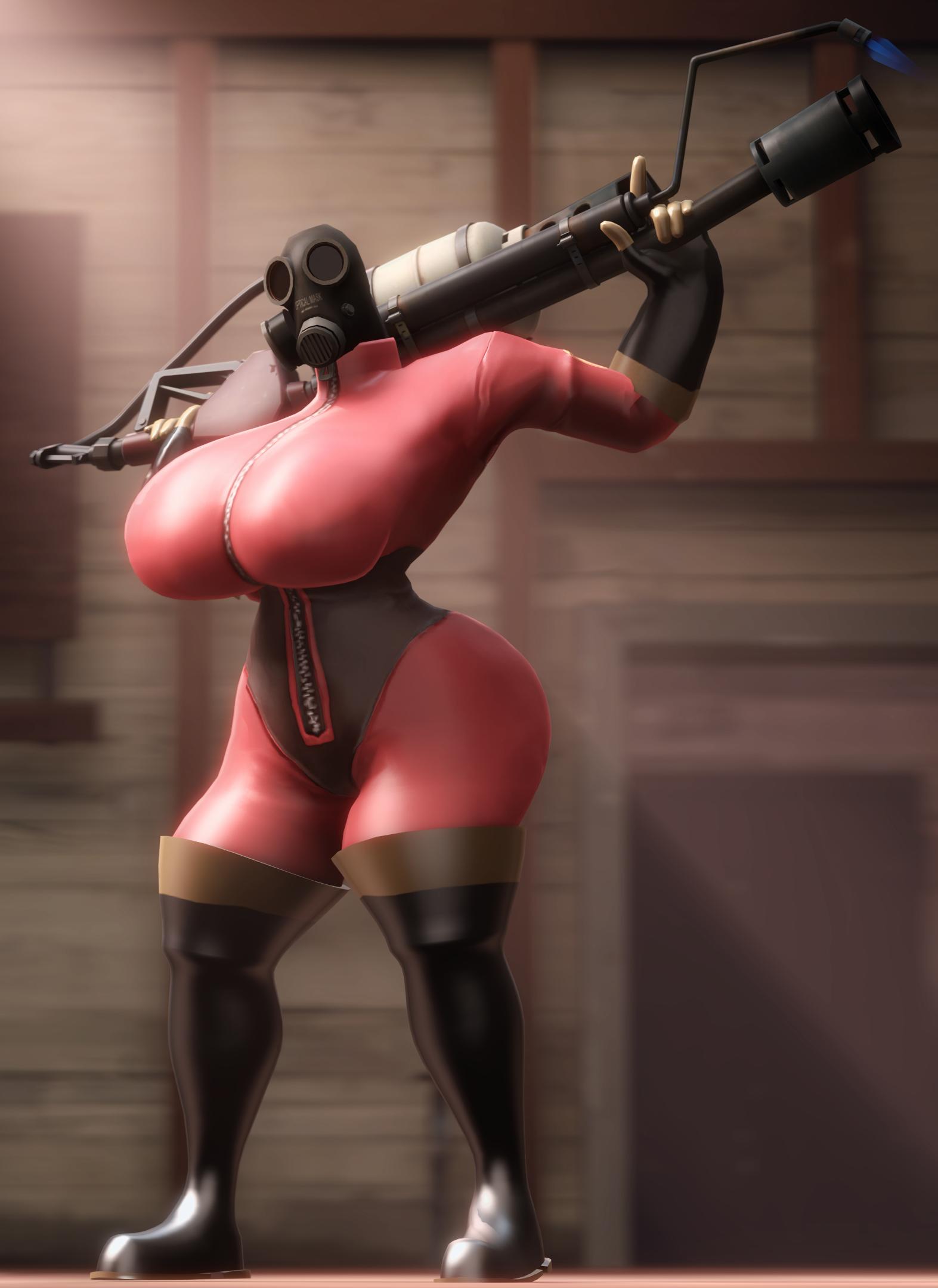 1girls 3d 3d_(artwork) boots breasts clothed clothes clothing female female_only fempyro flamethrower genderbent gloves holding_object holding_weapon mask masked pinup pinup_pose pyro rubber rubber_suit rule_63 sfm solo source_filmmaker team_fortress_2 vindicate weapon weapon_on_back weapon_over_shoulder