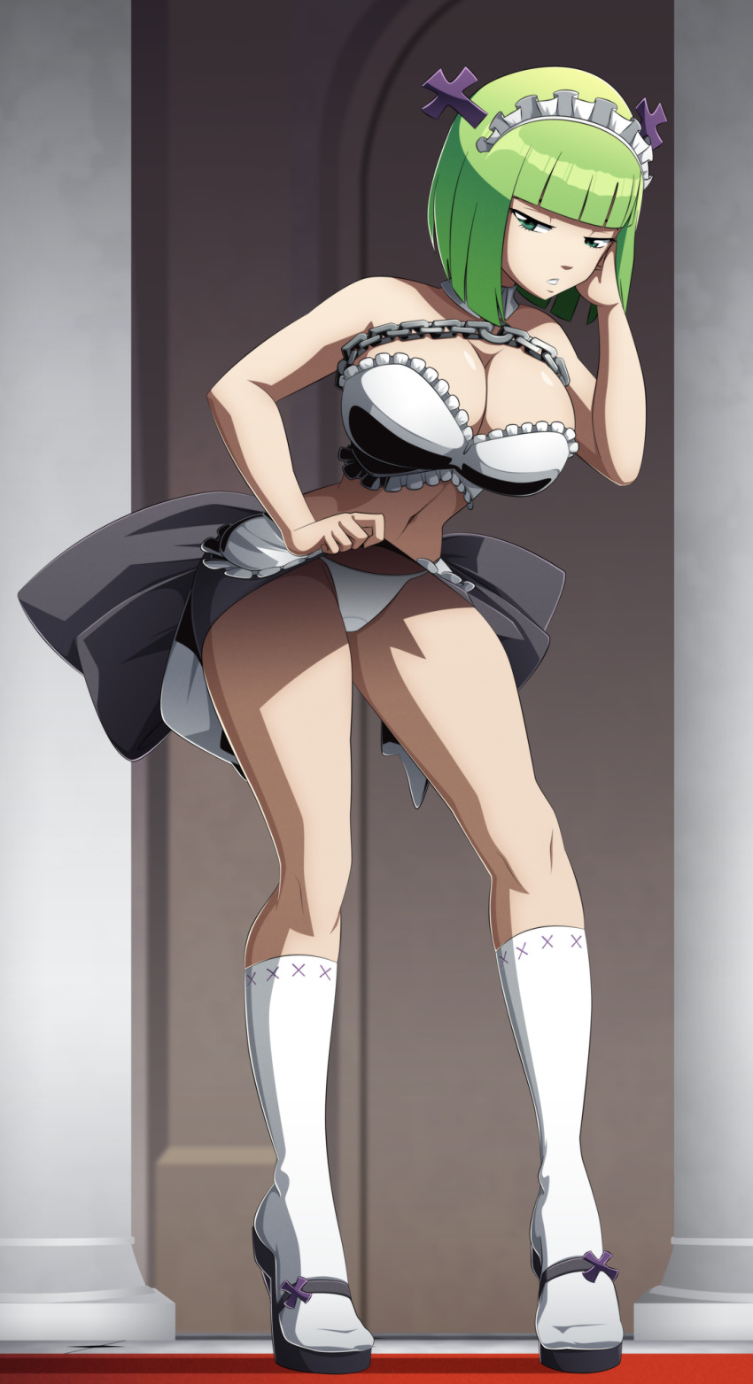 1girls, brandish mew, breasts, chain, cleavage, fairy tail, female, green eyes, green hair, green-haired female, high heels, large breasts, maid uniform, panties, presenting, ravenravenraven, skirt lift, standing, tagme, white panties