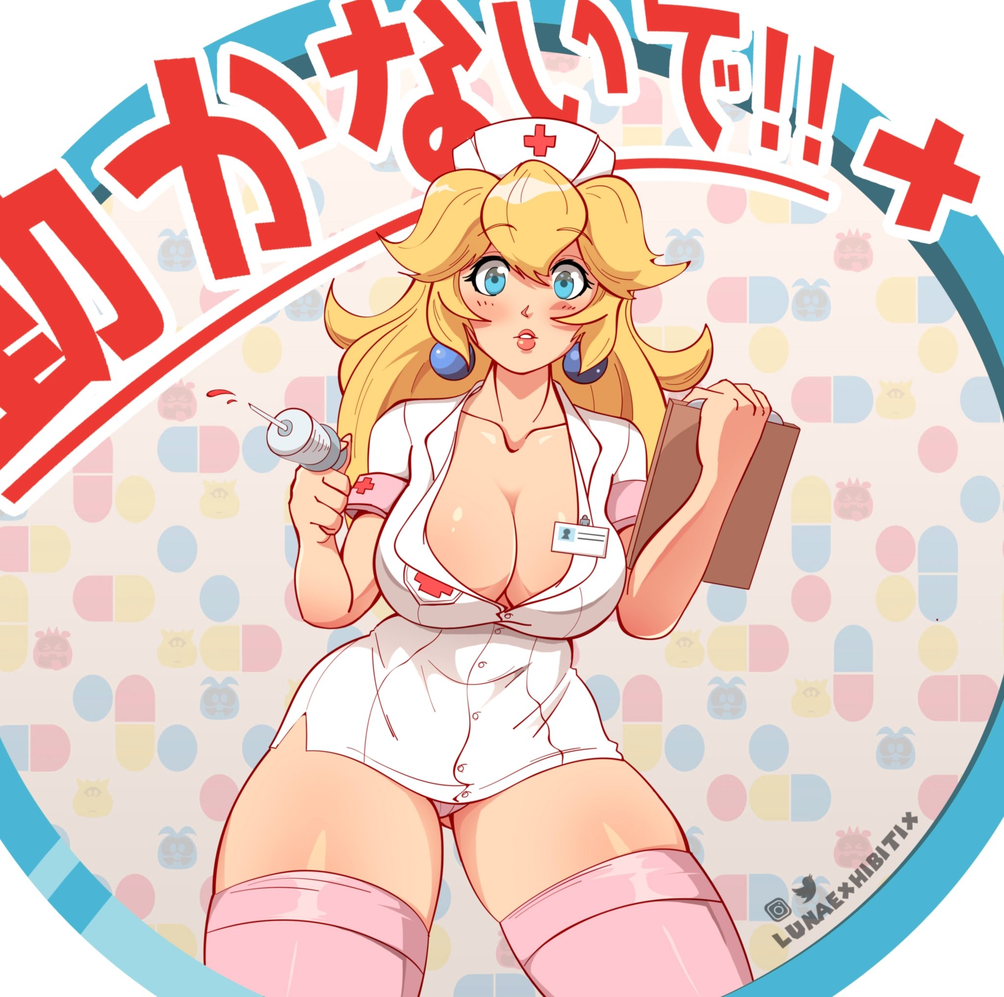 1girls, bare arms, blonde hair, blue eyes, breasts, cleavage, clothing, earrings, female, female only, hat, huge breasts, human, human only, japanese text, legwear, long hair, lunaexhabbitix, mario (series), nintendo, nurse, nurse cap, nurse uniform, pink legwear, princess peach, shiny, shiny skin, skindentation, solo, standing, text, thick thighs, thighhighs, thighs, zettai ryouiki