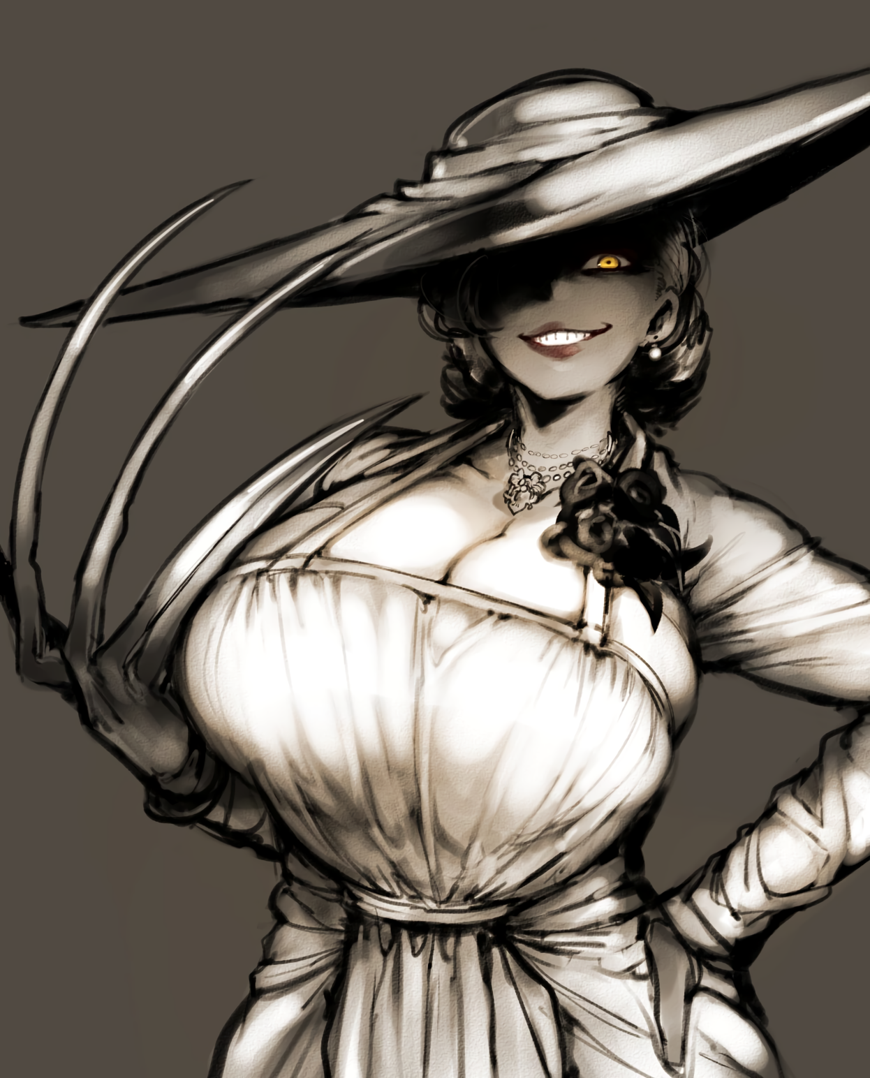 alcina dimitrescu, big breasts, breasts, breasts bigger than head, claws, cleavage, doppel, dress, female, female only, fully clothed, gloves, hat, looking at viewer, resident evil, resident evil 8: village, smile, solo, solo female, women, yellow eyes