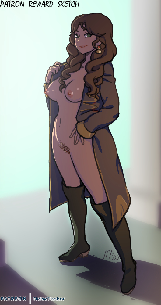 1girls, boots, breasts, brown hair, coat, dorothea arnault, earrings, female, female pubic hair, fire emblem, fire emblem: three houses, flashing, green eyes, large breasts, lips, long hair, looking at viewer, naked boots, naked coat, naked footwear, nintendo, nipples, noisetanker, pubic hair, smile, solo