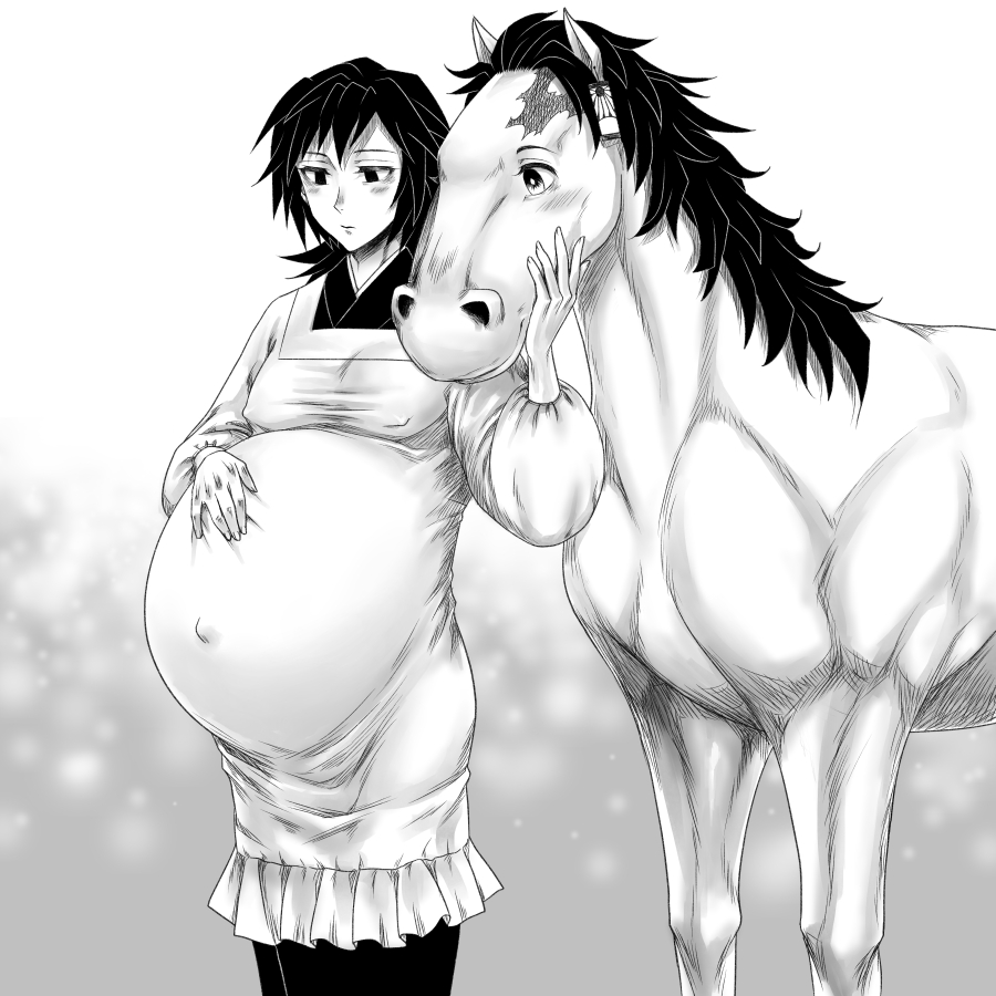 blush breasts chanti demon_slayer horse interspecies kamado_tanjirou kimetsu_no_yaiba male_pregnancy monochrome muscles nipples pregnant tomioka_giyuu