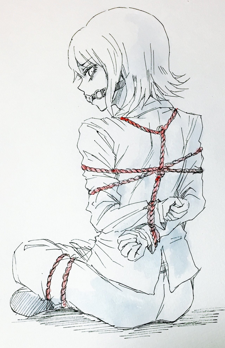 1boy 2017 arms_tied bangs bondage crossed_legs danganronpa gag legs_tied looking_at_viewer looking_back male male_only mitarai_ryota mouth_gag nervous pixiv red_rope rope rope_bondage short_hair simple_background sitting sitting_down smooth_skin suit wavy_hair white_background xiki