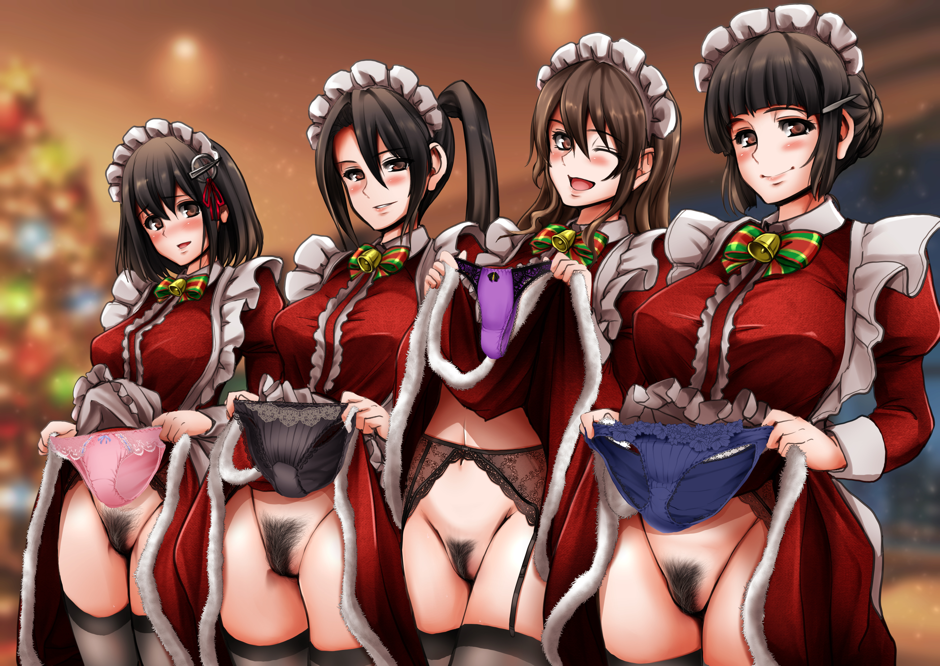4girls, arekishi raiho, big breasts, black hair, black panties, black pubic hair, blue panties, blurred background, blurry, blush, blushing, blushing at viewer, boobs, bottomless, bow, bow panties, breasts, brown eyes, brown hair, christmas, christmas outfit, christmas tree, closed eye, closed eyes, closed mouth, clothes lift, detailed background, dress, eyebrows, eyebrows visible through hair, female, female focus, female only, frilled panties, frills, fur trim, garter, garter belt, garter straps, garters, headwear, holding, holding panties, holding underwear, lace, lace panties, large breasts, leggings, legwear, lifting, lifting clothing, lifting dress, long hair, looking at viewer, maid, maid headdress, maid uniform, medium breasts, multiple females, multiple girls, navel, open eyes, open mouth, original, original characters, panties, pink panties, presenting panties, pubic hair, purple panties, shiny, shiny hair, shiny skin, short hair, smile, stockings, take your pick, underwear