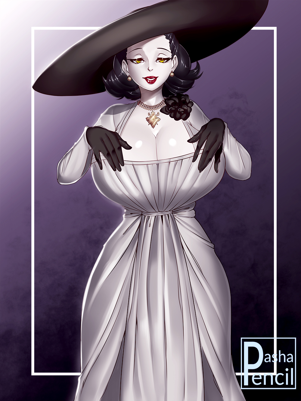 alcina dimitrescu, black hair, breasts, breasts bigger than head, busty, capcom, cleavage, dress, female, female only, fully clothed, gloves, hat, hourglass figure, huge breasts, large breasts, lipstick, looking at viewer, pale skin, pashapencil, red lips, red lipstick, resident evil, resident evil 8: village, solo, solo female, women, yellow eyes