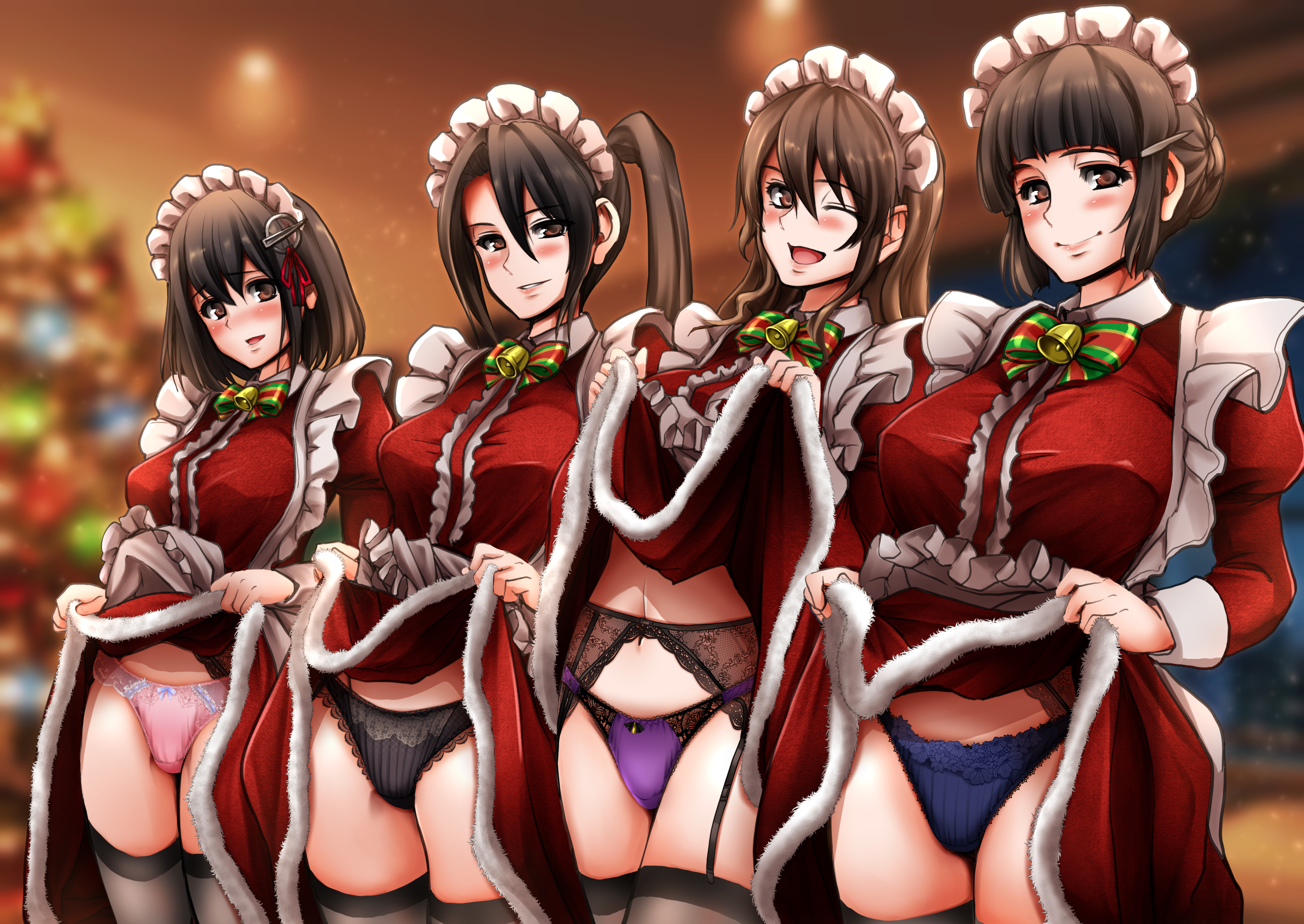 4girls, arekishi raiho, big breasts, black hair, black panties, blue panties, blurred background, blurry, blush, blushing, blushing at viewer, boobs, bow, bow panties, breasts, brown eyes, brown hair, christmas, christmas outfit, christmas tree, closed eye, closed eyes, closed mouth, clothes lift, detailed background, dress, eyebrows, eyebrows visible through hair, female, female focus, female only, frilled panties, frills, garter, garter belt, garter straps, garters, headwear, lace, lace panties, large breasts, leggings, legwear, lifting, lifting clothing, lifting dress, long hair, looking at viewer, maid, maid headdress, maid uniform, medium breasts, multiple females, multiple girls, navel, open eyes, open mouth, original, original characters, panties, pink panties, purple panties, shiny, shiny hair, shiny skin, short hair, smile, stockings, take your pick, underwear