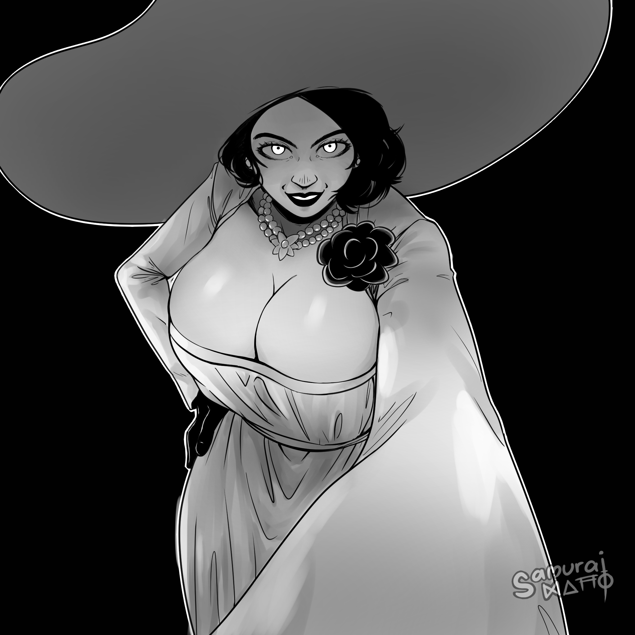 alcina dimitrescu, big breasts, black hair, breasts, busty, capcom, cleavage, dress, female, female only, first person view, fully clothed, glowing eyes, hat, huge breasts, large breasts, looking at viewer, looking down, monochrome, pale skin, pov, resident evil, resident evil 8: village, samuraimatto, solo, solo female, vampire, vampire girl, women, yellow eyes