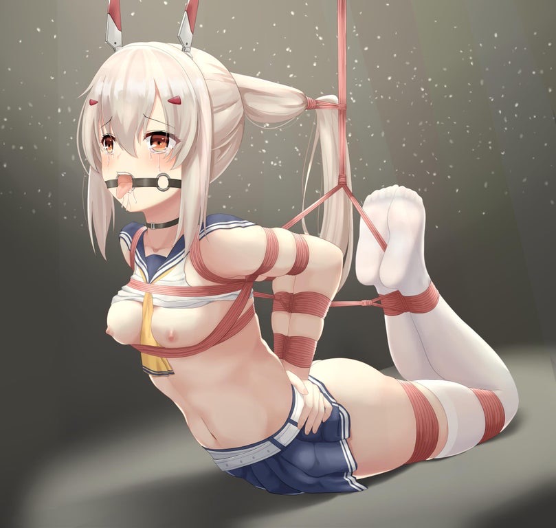 ass, blush, bondage, breasts, crying, female, gag, jiang qian xiao, nipples, open mouth gag, red eyes, ring gag, shirt lift, skirt lift, socks, tears, tongue, tongue out, white hair