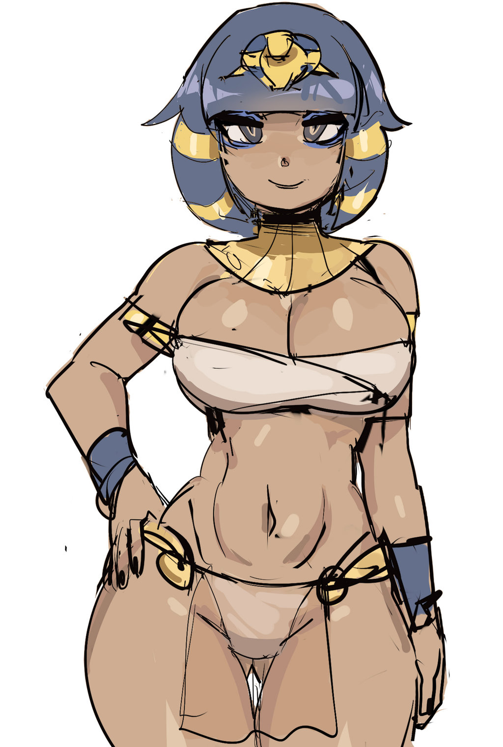 2017 alternate_species animal_crossing ankha big_breasts blunt_bangs bob_cut breasts cleavage clothed clothing dark-skinned_female egyptian eyeshadow female female_only human humanized makeup maniacpaint nintendo solo thick_thighs thighs