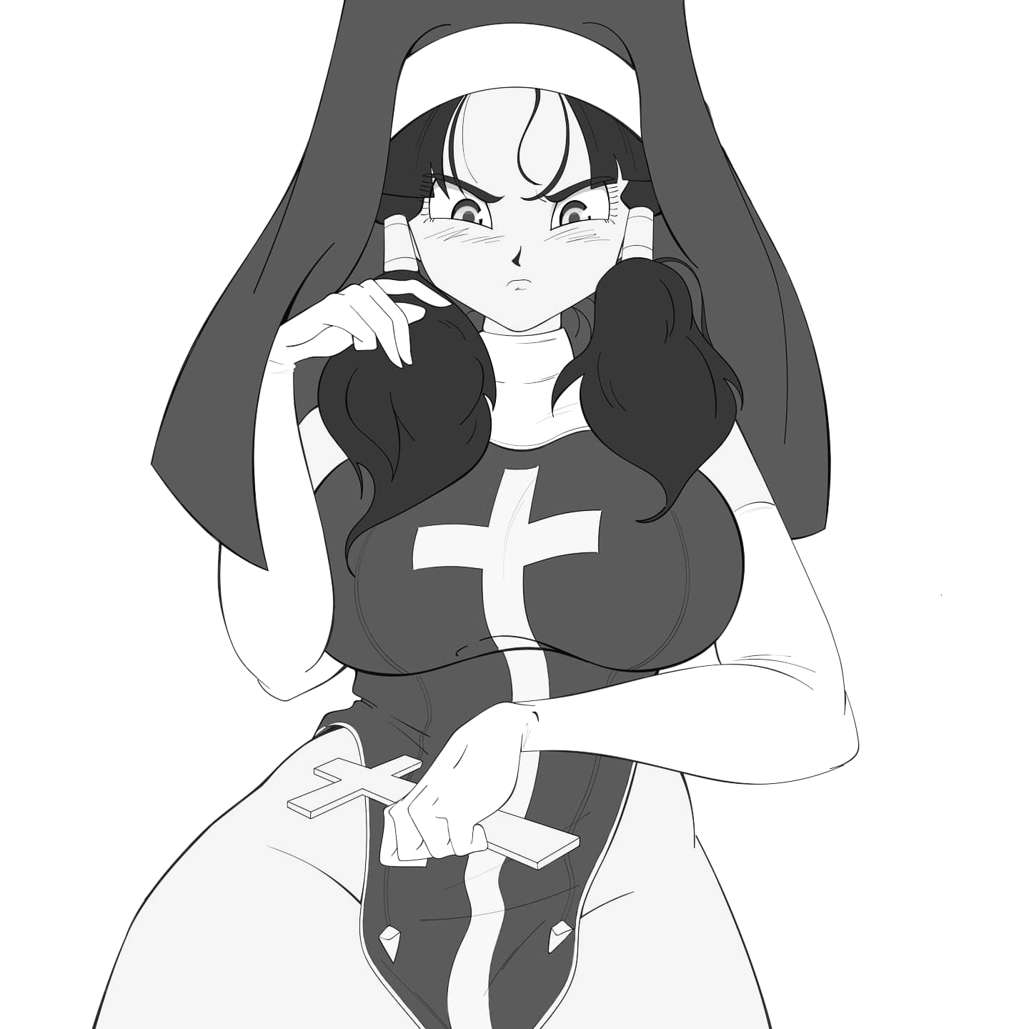 dragon ball, dragon ball z, female, female only, lunaexhabbitix, monochrome, nun, nun outfit, shounen jump, thick thighs, twintails, videl, wide hips