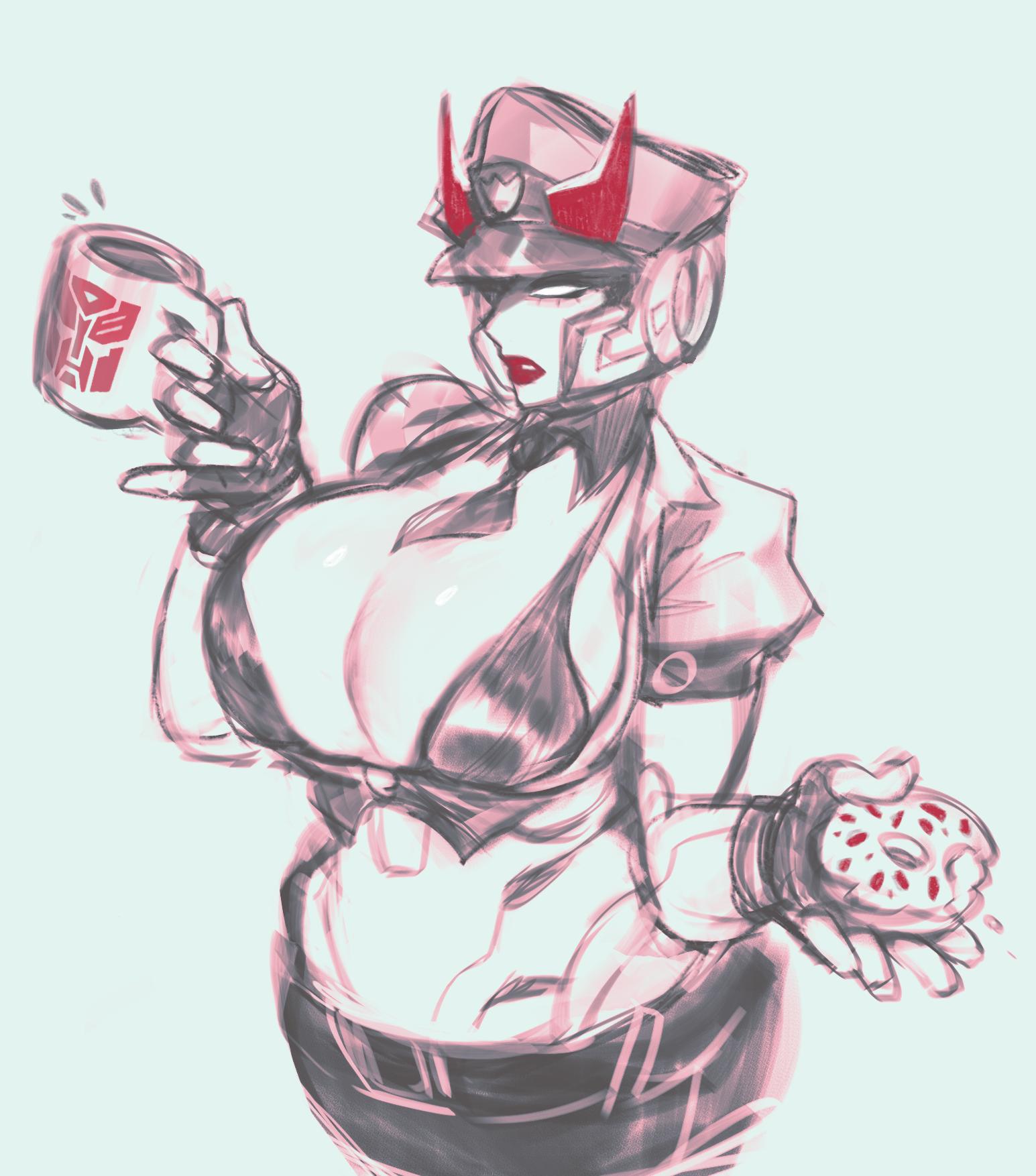 1girls, alien, alien girl, autobot, big breasts, black bra, bra, breasts, coffee, crossgender, curvy, curvy body, curvy female, curvy figure, donut, female, female only, genderswap, genderswap (mtf), large breasts, machine, mechanical, police, police hat, policewoman, prowl (transformers), red lipstick, robot, robot girl, robotboob, rule 63, solo, solo female, transformers, white body, white skin