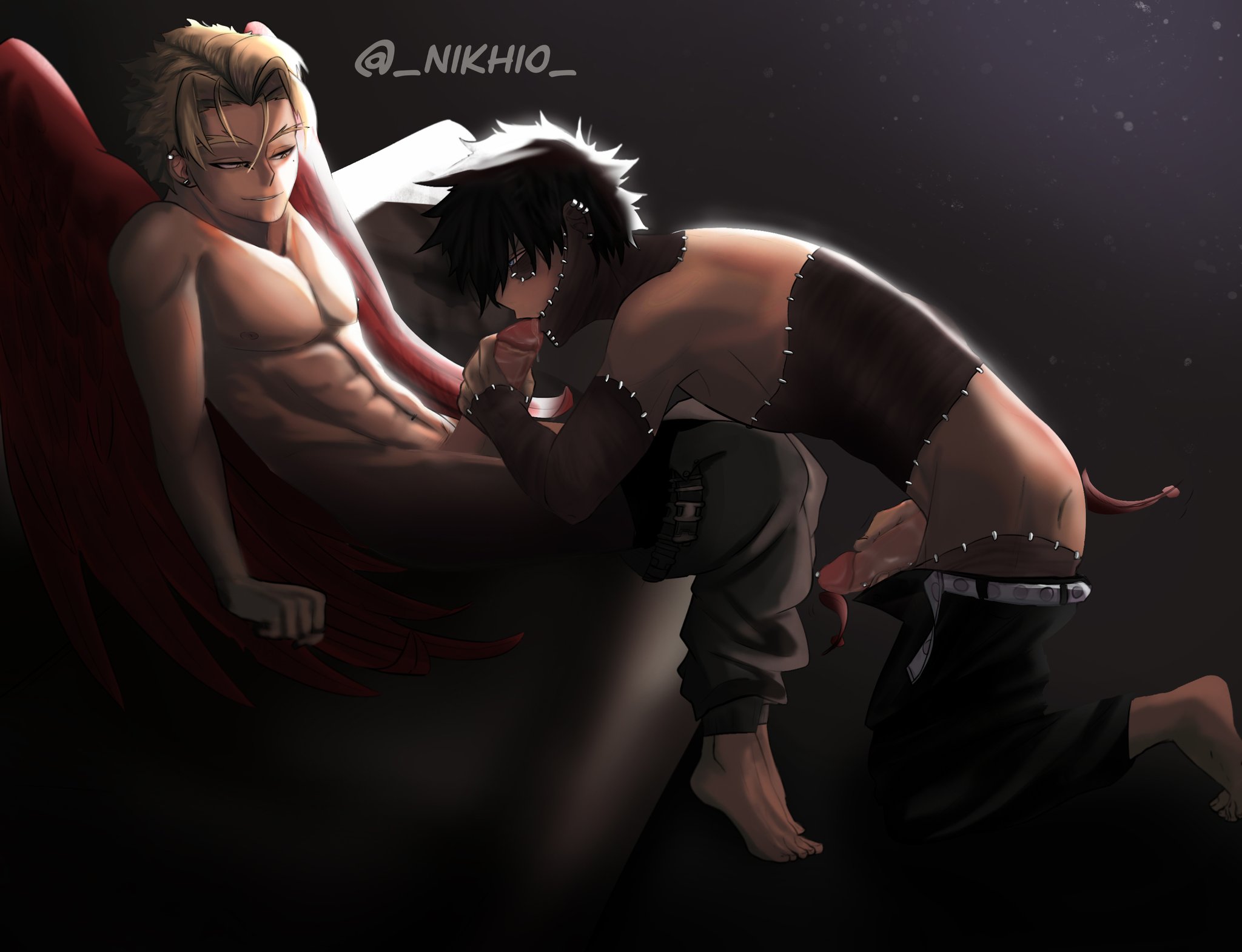 2boys, abs, bare arms, bare chest, bare midriff, bare shoulders, black hair, blonde hair, blowjob, boku no hero academia, burn scar, clothing, dabi, feathered wings, feathers, gay, hand on penis, hawks (my hero academia), keigo takami, kneeling, light skin, light-skinned male, male, male only, male/male, masturbating during fellatio, masturbation, my hero academia, nikhio, oral, oral sex, pale skin, pale-skinned male, pants, pants down, penis, penis in mouth, penis out, scar, scars, takami keigo, todoroki touya, touya todoroki, wings, yaoi