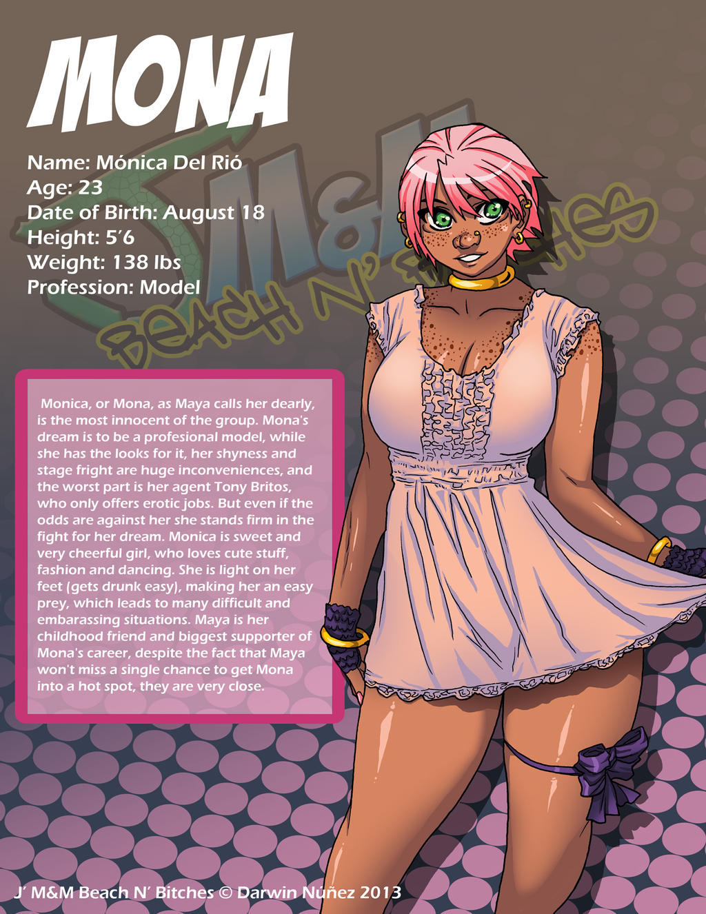 1girls character_profile character_sheet clothed clothed_female darkereve female freckled_skin freckles freckles_on_chest freckles_on_face gold_rings green_eyes jagua_tales model_sheet monica_del_rio pink_dress pink_hair smile solo solo_female solo_focus tagme