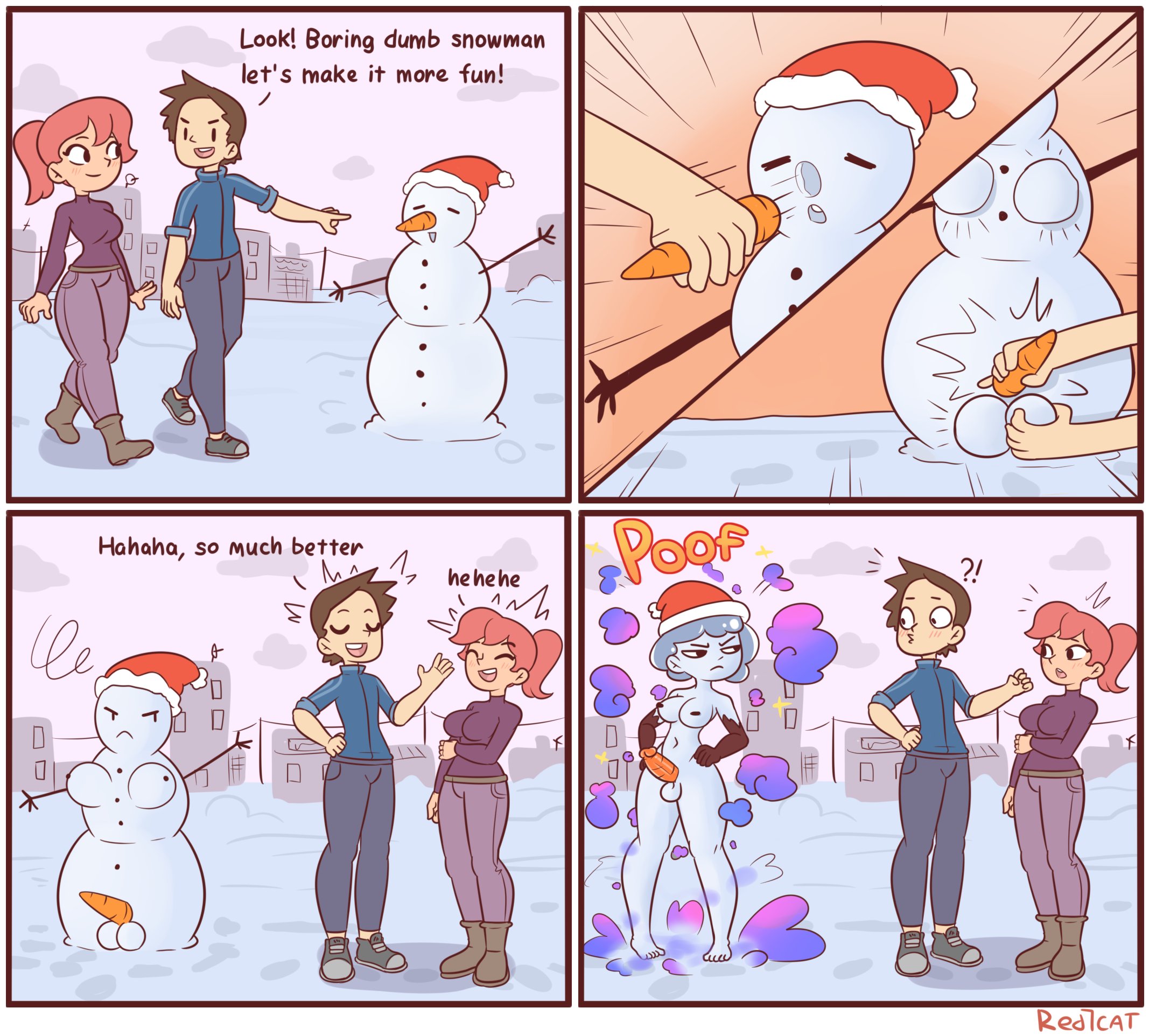 1boy, 1futa, 1girls, carrot, comic, english text, female, funny, futa on male, futa transformation, futanari, gender transformation, intersex, male, red7cat, santa hat, snowman, snowwoman, text, transformation, whimp, winter