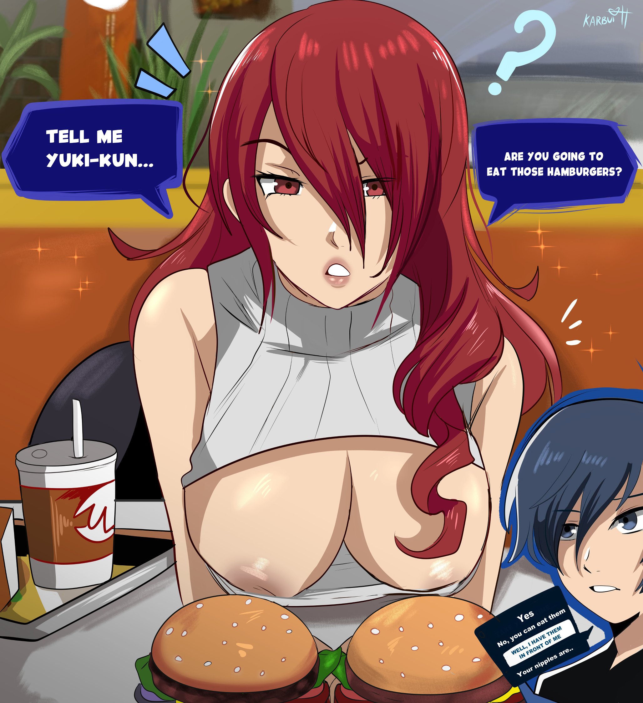 ?, 1boy, 1girl, 1girls, areolae, artist name, atlus, bare shoulders, blue eyes, blue hair, breasts, burger, cleavage, cleavage cutout, english text, fast food restaurant, female, karbuitt, large breasts, long hair, looking at viewer, makoto yuki, male, matching hair/eyes, mitsuru kirijo, nipple peek, no bra, no bra under clothes, persona, persona 3, persona 3 reload, red eyes, red hair, restaurant, sleeveless, sleeveless turtleneck, speech bubble, tagme, text, text bubble, turtleneck