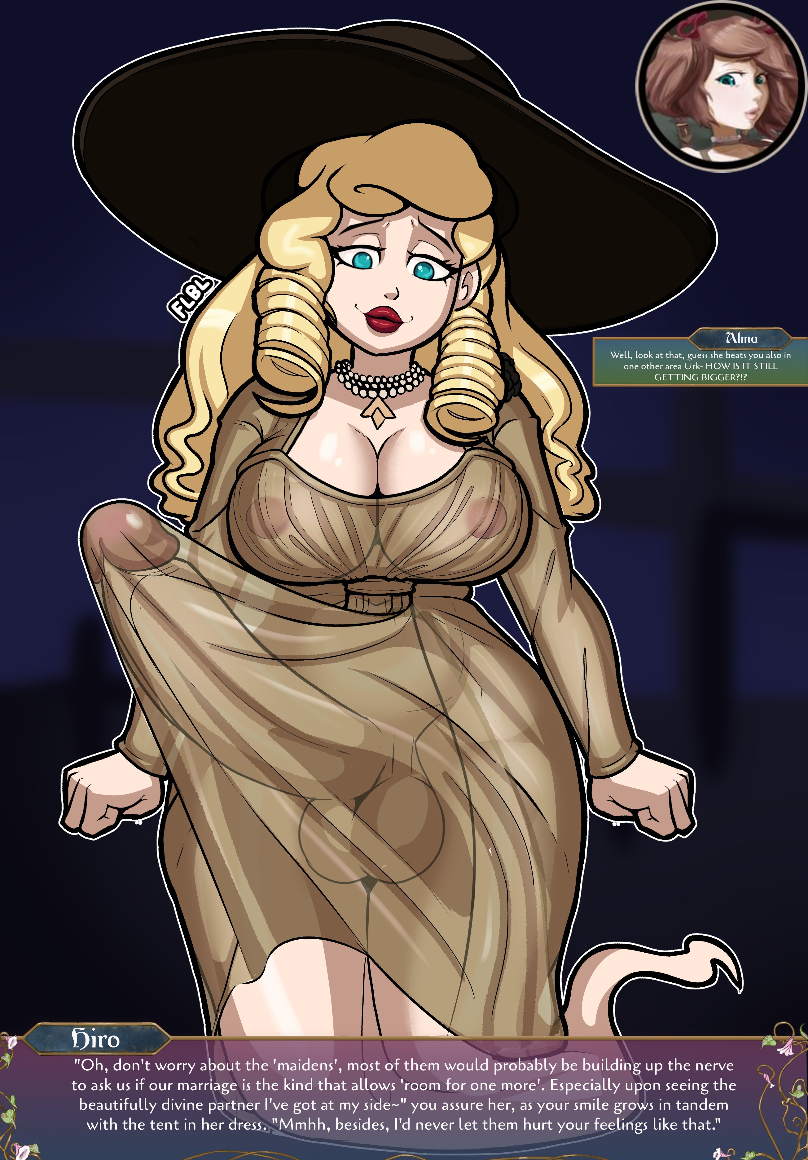 1futa, alcina dimitrescu (cosplay), big breasts, blonde hair, blue eyes, caption, clothed, clothing, erection, erection under clothes, flbl, futanari, ghost, ghost (tales of androgyny), ghost girl, huge cock, mostly clothed, resident evil, resident evil 8: village, tagme, tales of androgyny, tenting