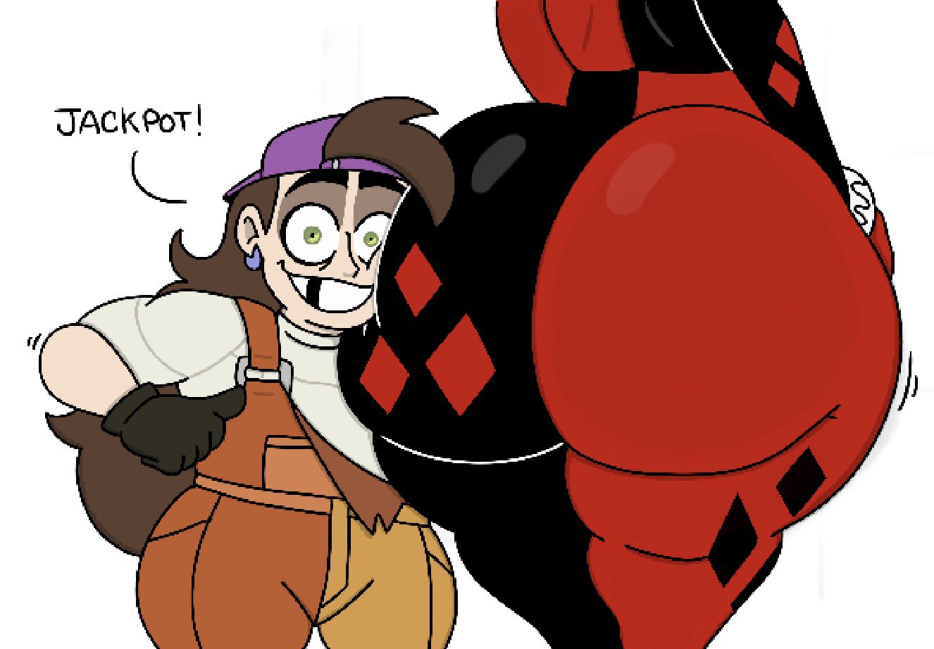 2girls, ass, ass focus, ass grab, assisted presentation, batman (series), big ass, big butt, crossover, dc comics, dialogue, frankie (knights of guinevere), harley quinn, harley quinn (classic), jackpot, knights of guinevere, looking at viewer, offscreen character, tagme (artist), theslashfive