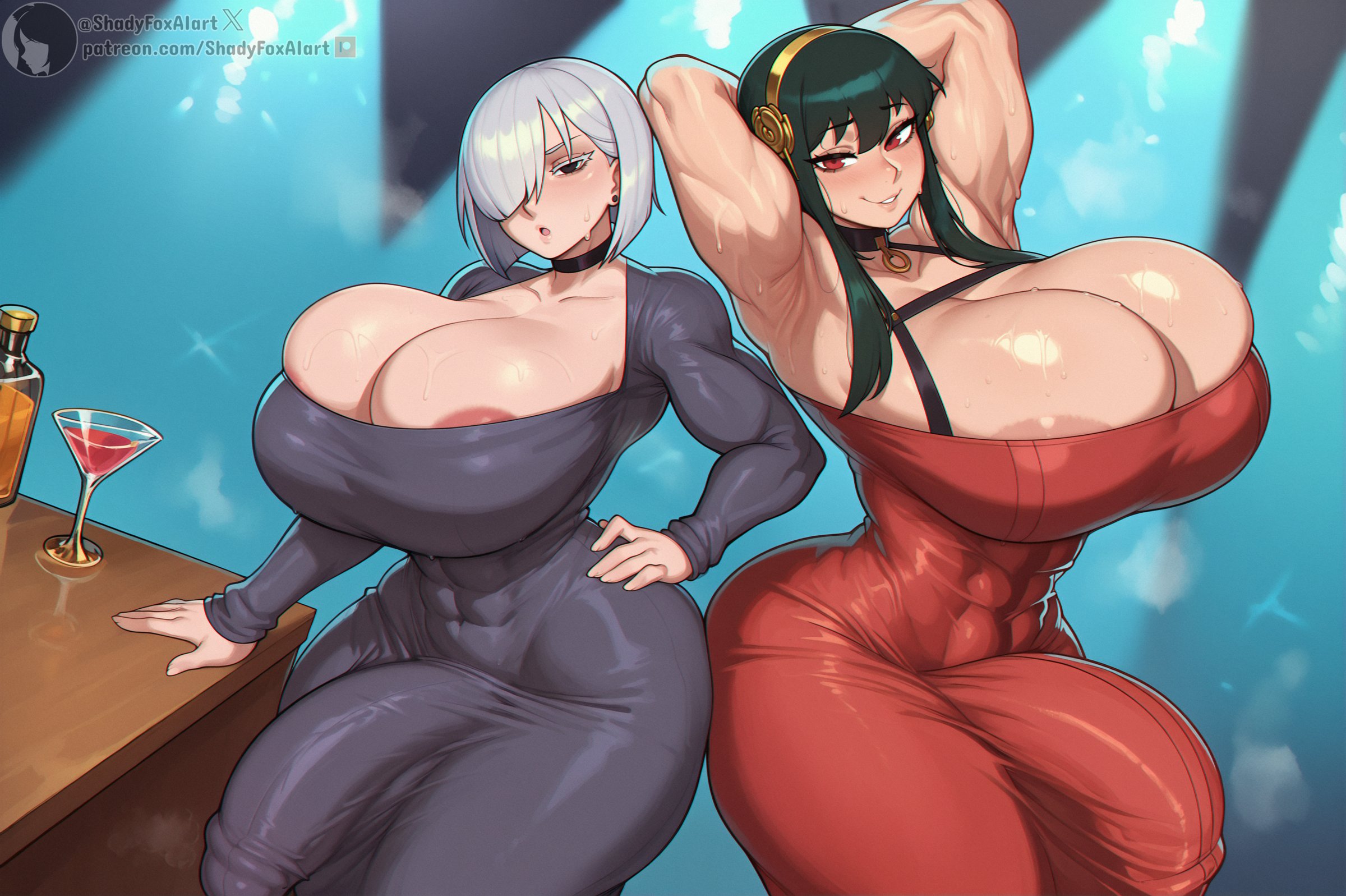 2futa, 2futanari, 2futas, 2girls, abs, ai generated, alternate breast size, areola slip, armpits, arms behind head, arms up, black dress, black hair, blush, breasts, bulge, bulge through clothing, bursting breasts, choker, cleavage, covered navel, cup, dress, dress bulge, drinking glass, erection, erection under clothes, fiona frost, futa only, futanari, grey hair, hair over one eye, hairband, hand on hip, huge breasts, looking at viewer, multiple girls, muscular, nightclub, overflowing breasts, penis, red dress, red eyes, shadyfox, short hair, smile, spy x family, stable diffusion, steaming body, sweat, thick thighs, tight clothes, tight clothing, white hair, wine, wine glass, yor briar