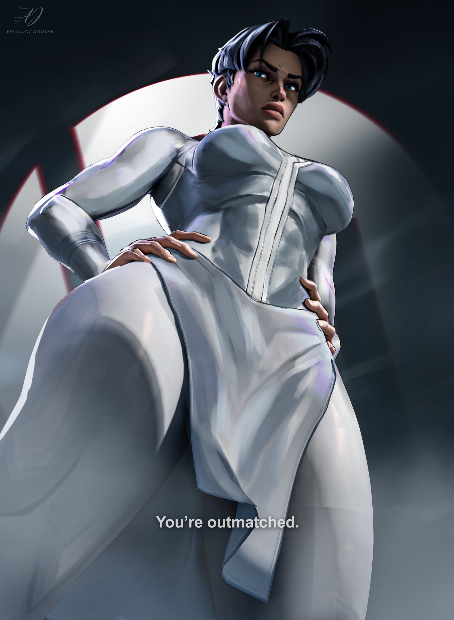 3d, 3d (artwork), anissa, ayjokar, black hair, busty, caption, humiliating, invincible, invincible vs, jokar, looking at viewer, short hair, thick legs, thick thighs, viltrumite