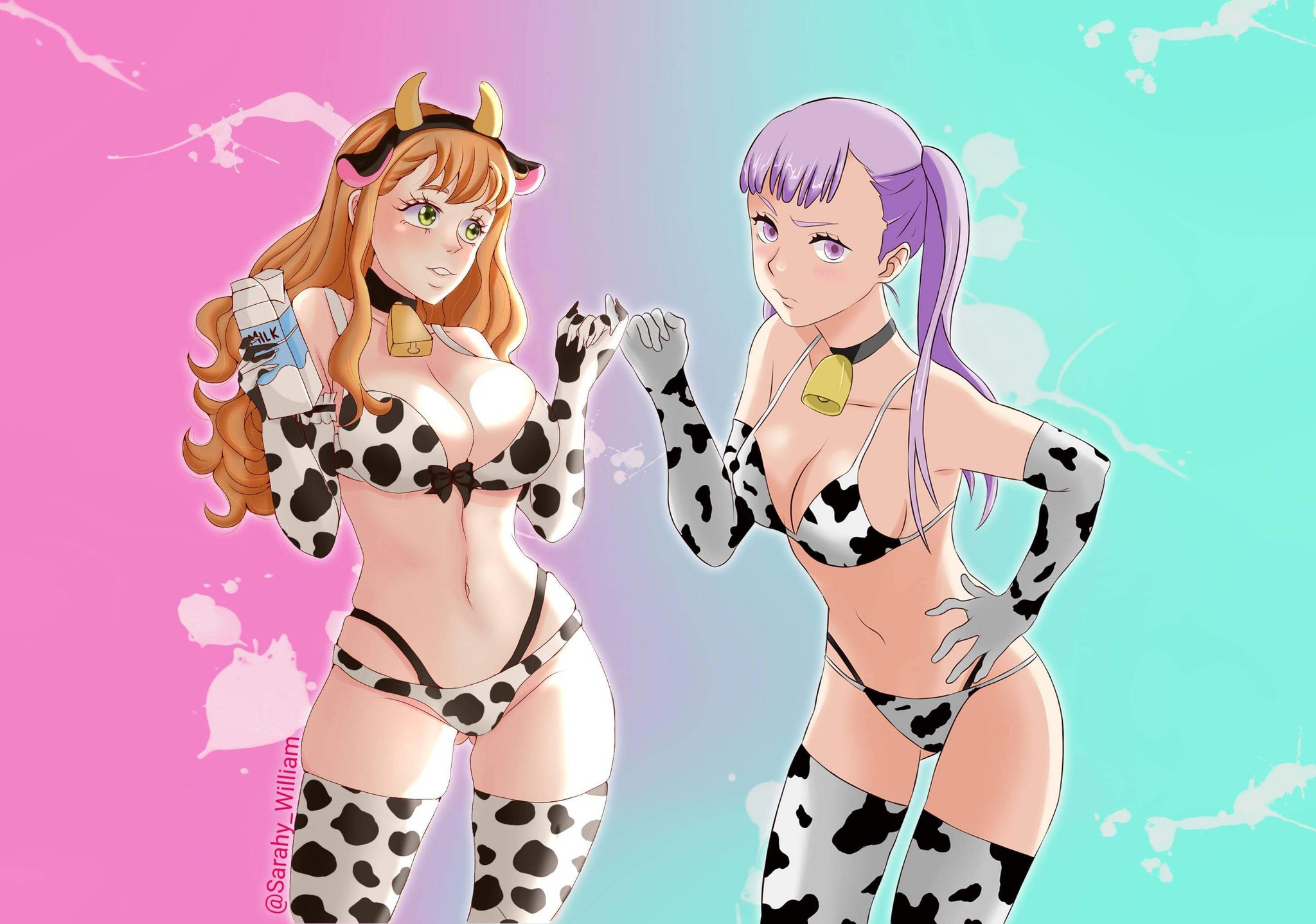 2girls, animal ears, arm sleeves, black clover, blush, breasts, choker, cleavage, cousins, cow ears, cow girl, cow horns, cow print, cowbell, embarrassed, female, female only, flat belly, green eyes, hand on hip, hands up, hourglass figure, large breasts, legwear, long hair, looking at viewer, looking to the side, milk carton, mimosa vermillion, multicolored background, multiple females, multiple girls, navel, noelle silva, orange hair, parted lips, partially clothed, pink eyes, pink hair, small waist, smile, stockings, stomach, teenager, thigh gap, thighs, watermark, wide hips