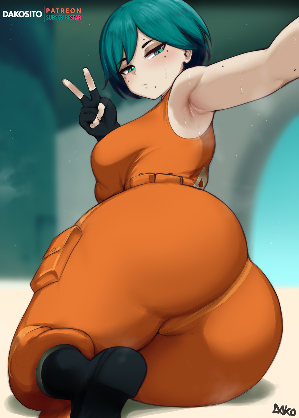 1girls, aqua hair, armpits, ass, ass focus, breasts, dako, dako (dakosito), dakosito, female, from behind, highres, huge ass, jumpsuit, medium breasts, mole, mole under each eye, mole under eye, motorslice, multiple moles, orange jumpsuit, p (motorslice), short hair, sleeveless jumpsuit, solo, solo female, thick thighs, thighs, tomboy, turtleneck jumpsuit, v